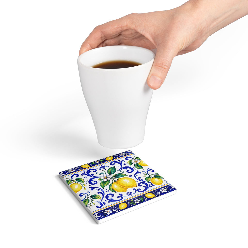 Little Italy Amalfi Blue and White with Lemon Ceramic Coaster — Mediterranean Lemon Pattern Drink Coaster