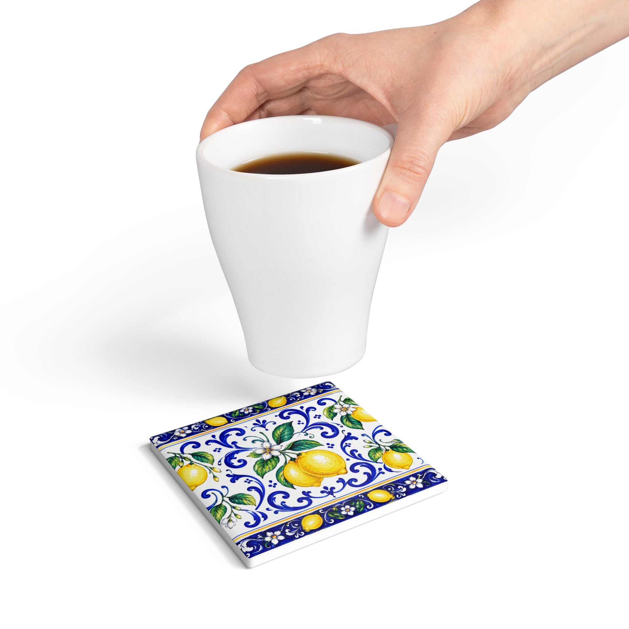 Little Italy Amalfi Blue and White with Lemon Ceramic Coaster — Mediterranean Lemon Pattern Drink Coaster