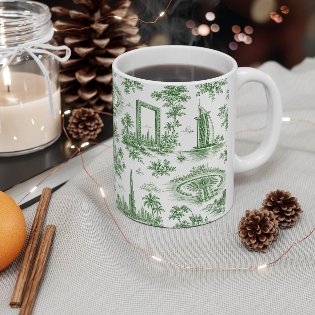 Dubai Green Toile de Jouy Ceramic Mug -  Coffee Cup (11oz; Ships from Europe)