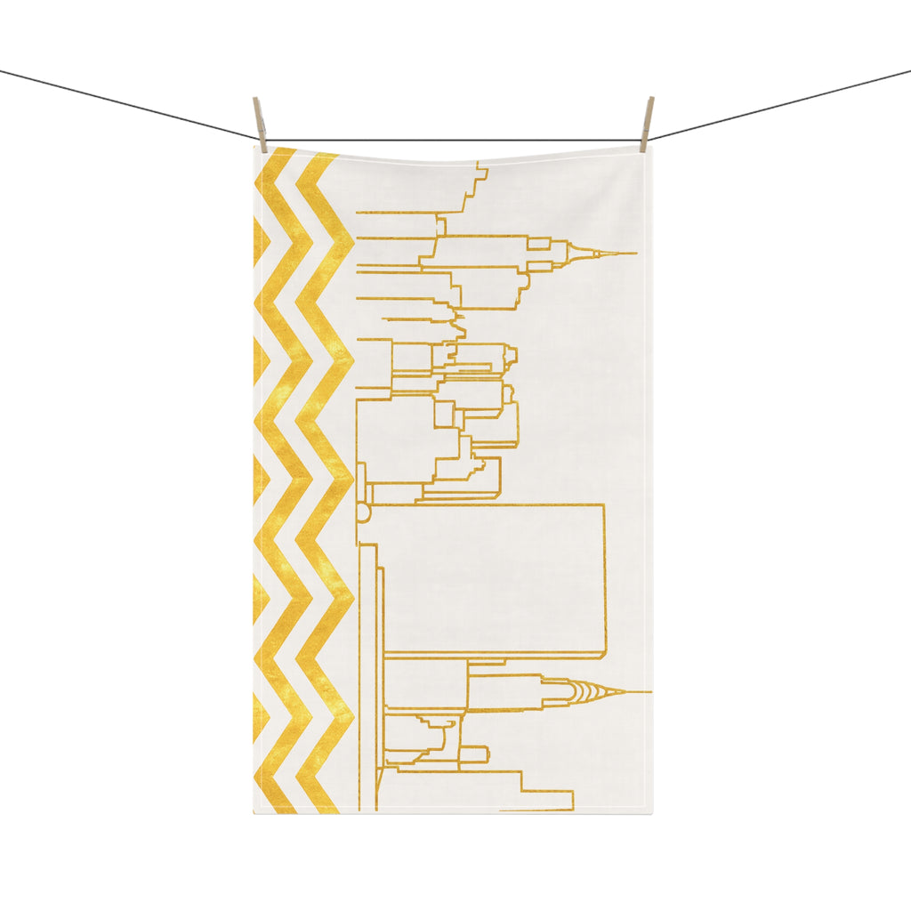 NYC Manhattan Skyline Gold Chevron Tea Towel — Minimal Gold & White New York City Skyline Kitchen Linen