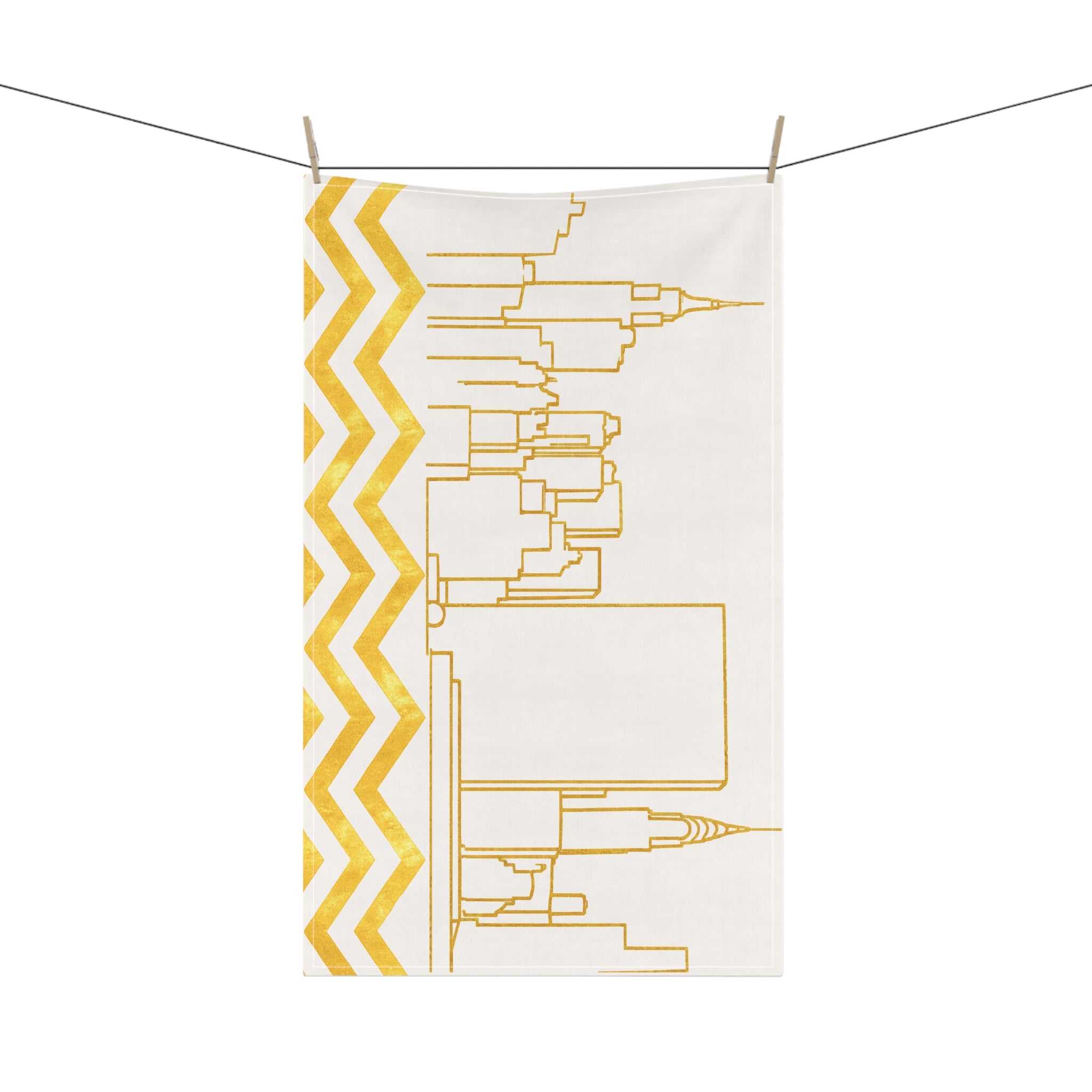 NYC Manhattan Skyline Gold Chevron Tea Towel — Minimal Gold & White New York City Skyline Kitchen Linen