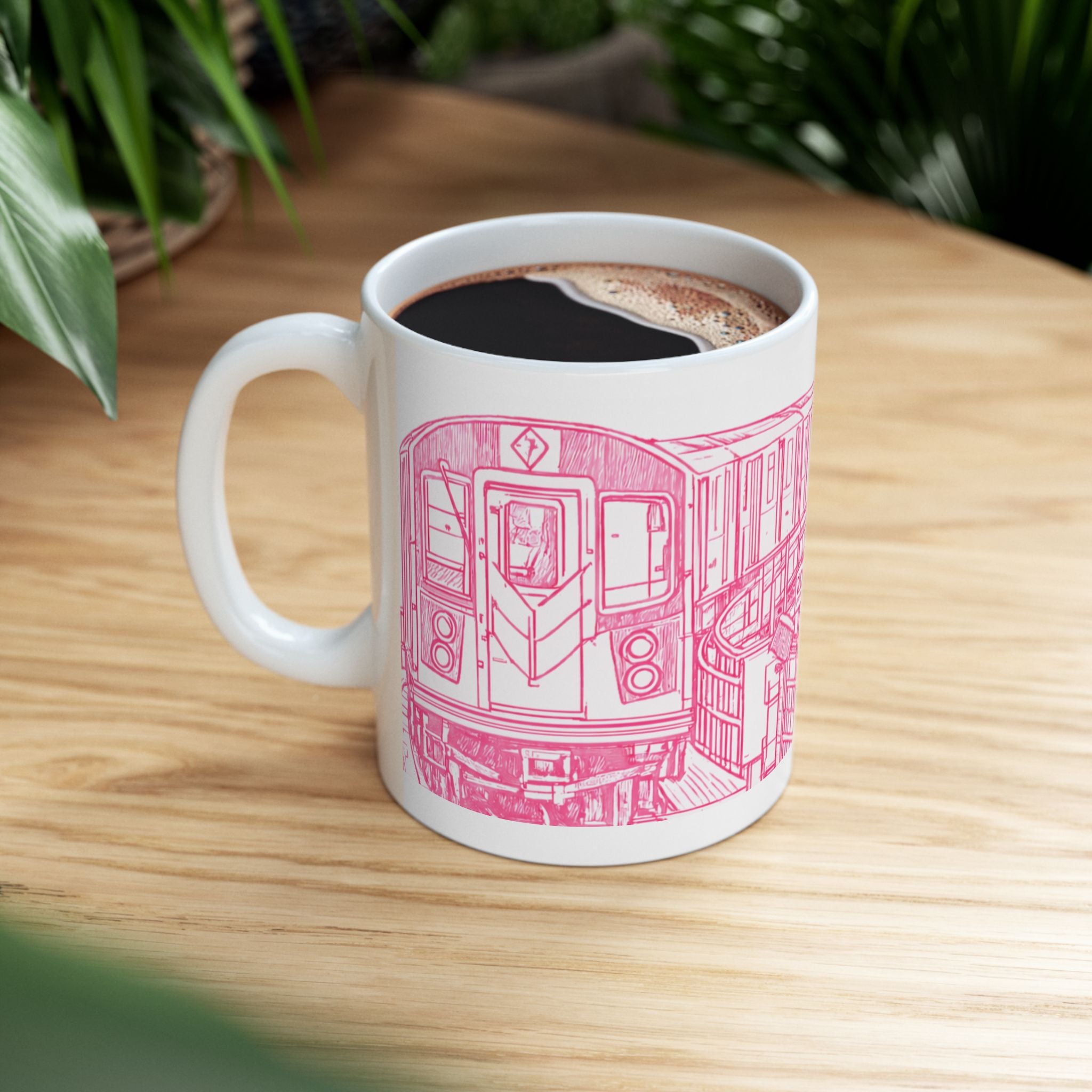 NYC Elevated Subway Pink Train Mug | Urban Transit Sketch Coffee Mug