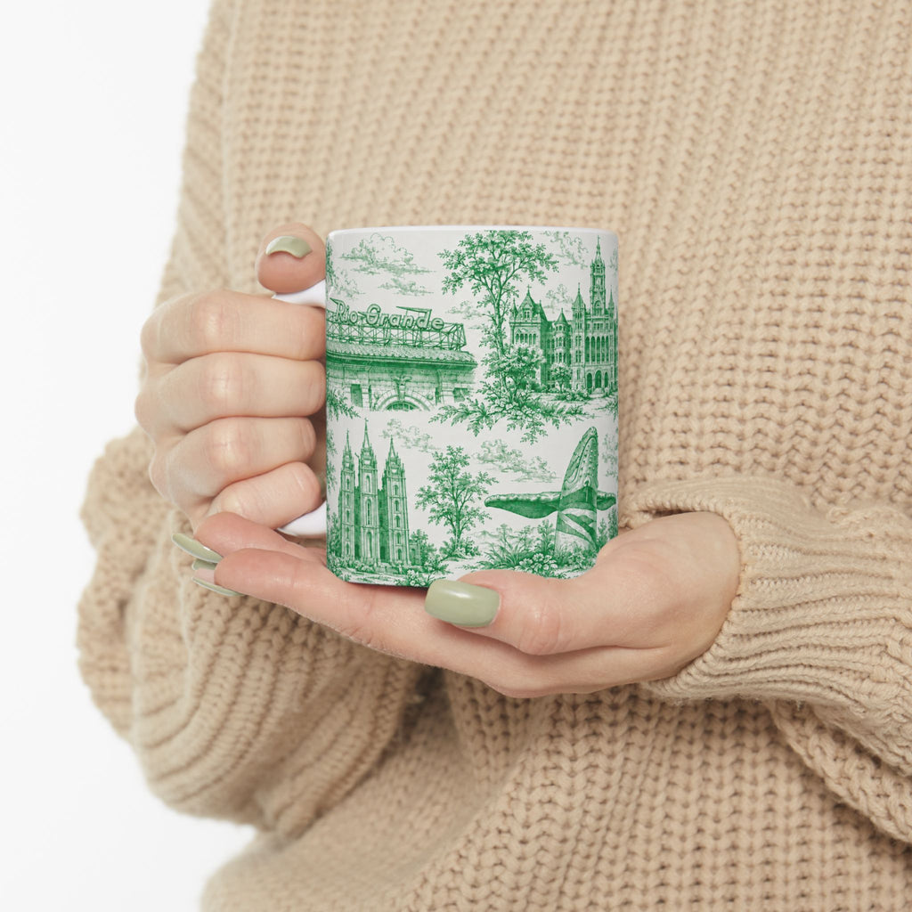 Salt Lake City Green Toile de Jouy Mug —  Ceramic Coffee Cup (11oz)