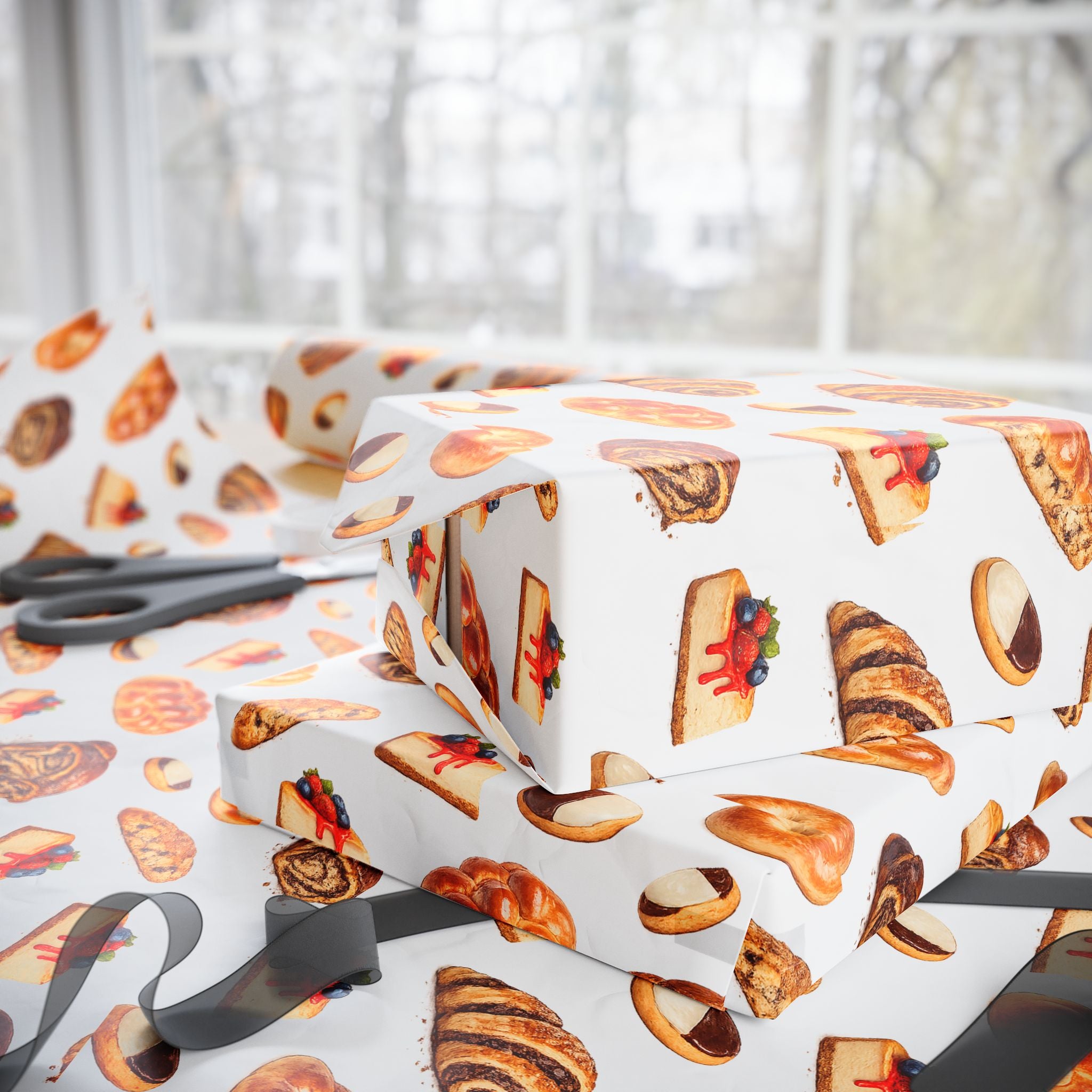Kosher Bakery Pastries Pattern White Gift Wrap Paper | Bagels Challah Cheesecake Roll Gift Wrapping Paper