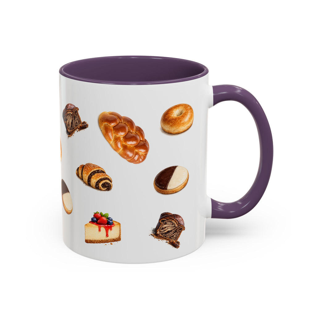 NYC Kosher Bakery Pattern Mug | Babka Cheesecake Rugelach Black + White Cookie Challah Bagel 11oz Ceramic Coffee Cup