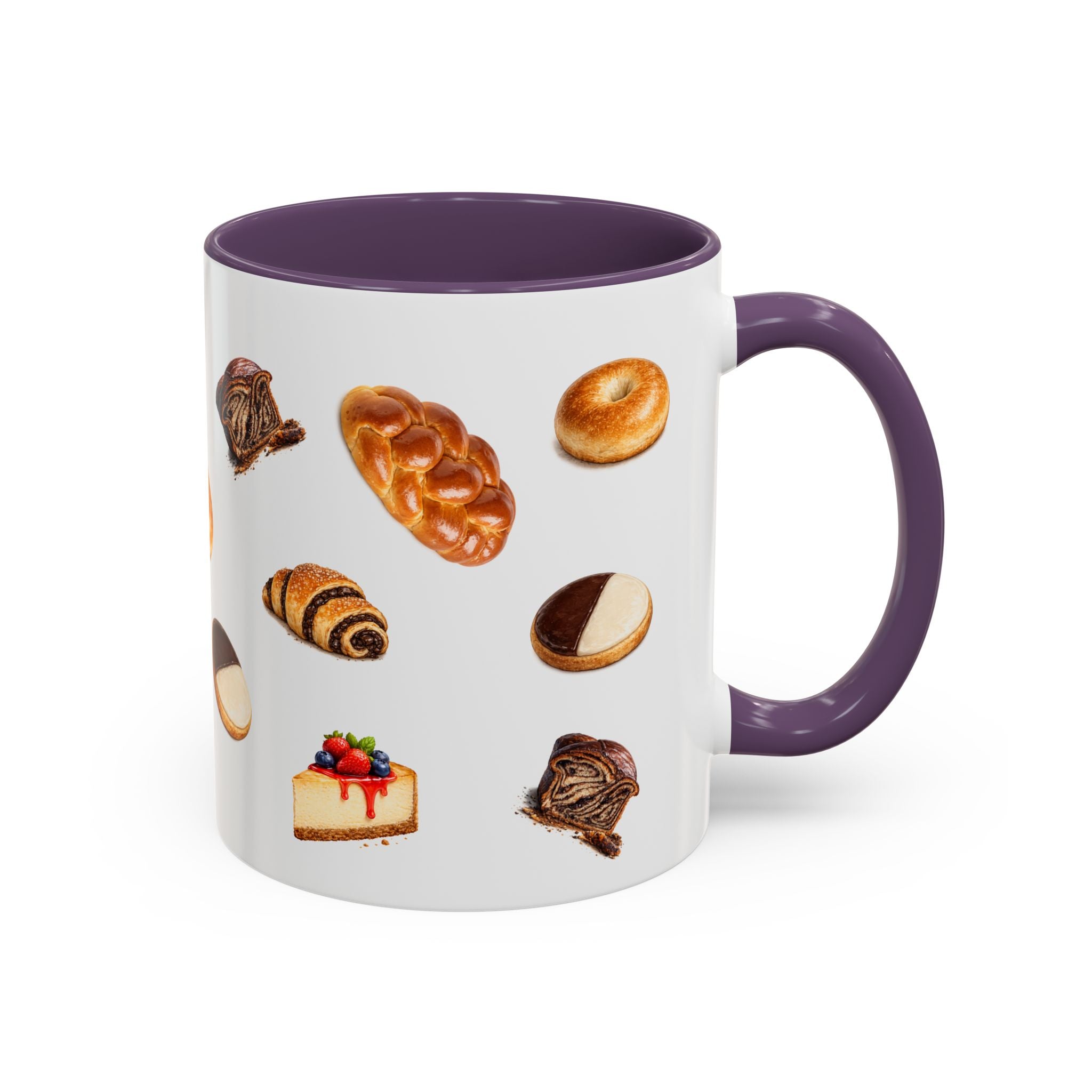 NYC Kosher Bakery Pattern Mug | Babka Cheesecake Rugelach Black + White Cookie Challah Bagel 11oz Ceramic Coffee Cup