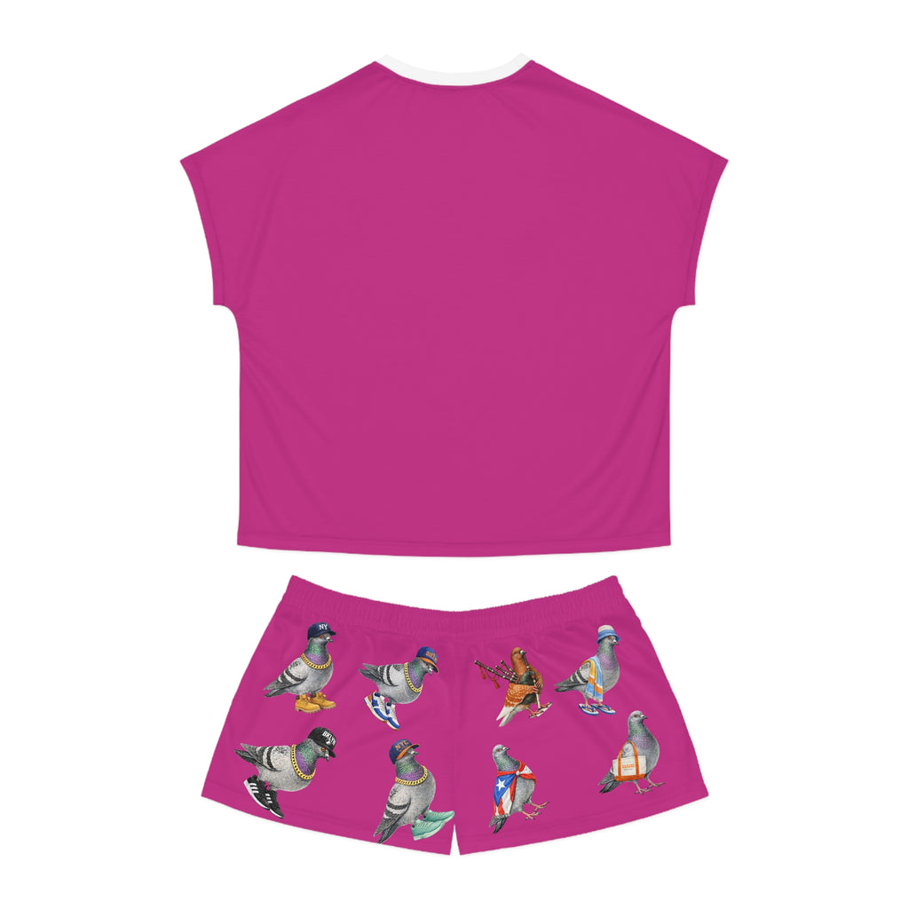 Conjunto de pijama corto con estampado de palomas rosas de Nueva York | Pijamas con estampado de amantes de las aves de Nueva York Ropa de dormir cómoda