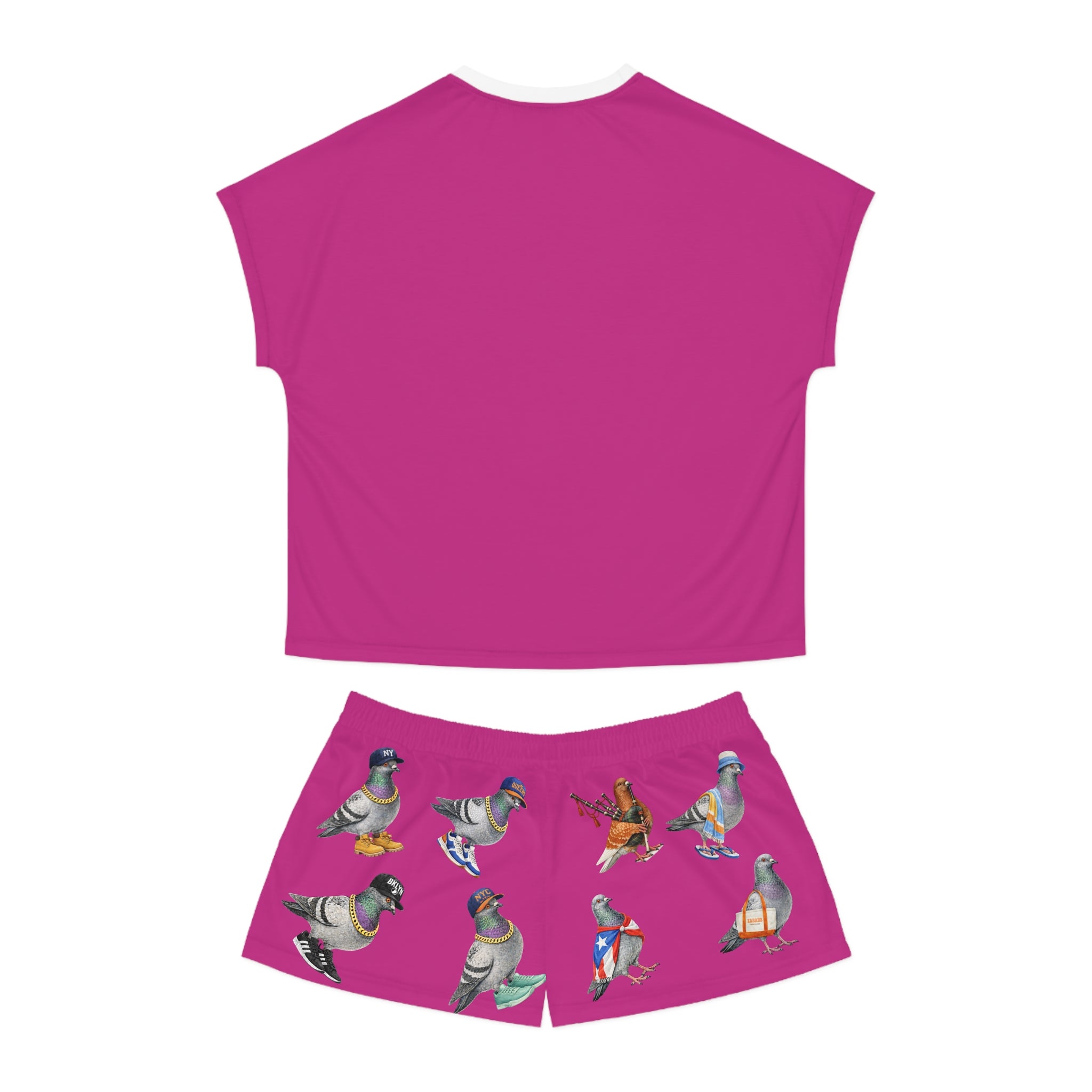 Conjunto de pijama corto con estampado de palomas rosas de Nueva York | Pijamas con estampado de amantes de las aves de Nueva York Ropa de dormir cómoda
