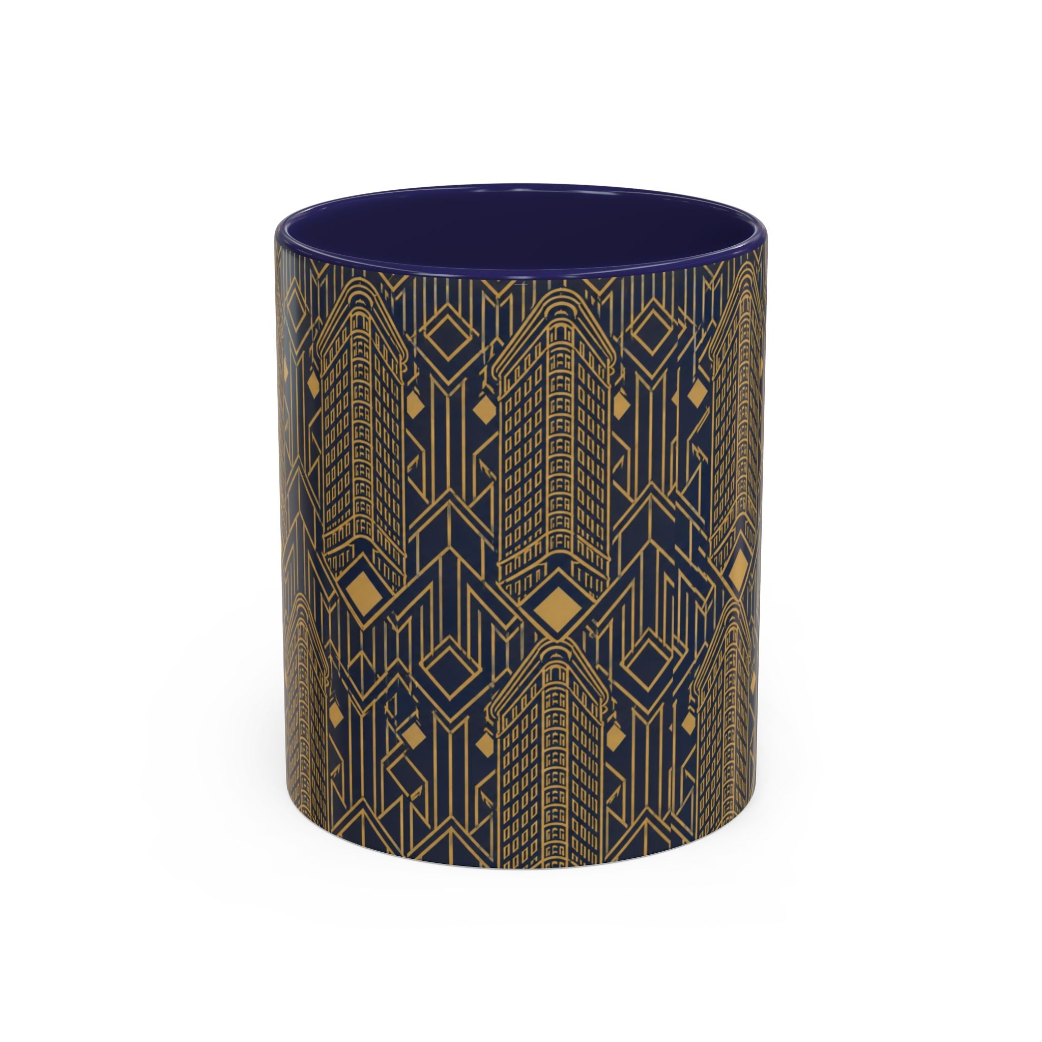 Art Deco Flatiron Building Navy & Gold Accent Coffee Mug — Manhattan Art Deco Pattern 11 oz