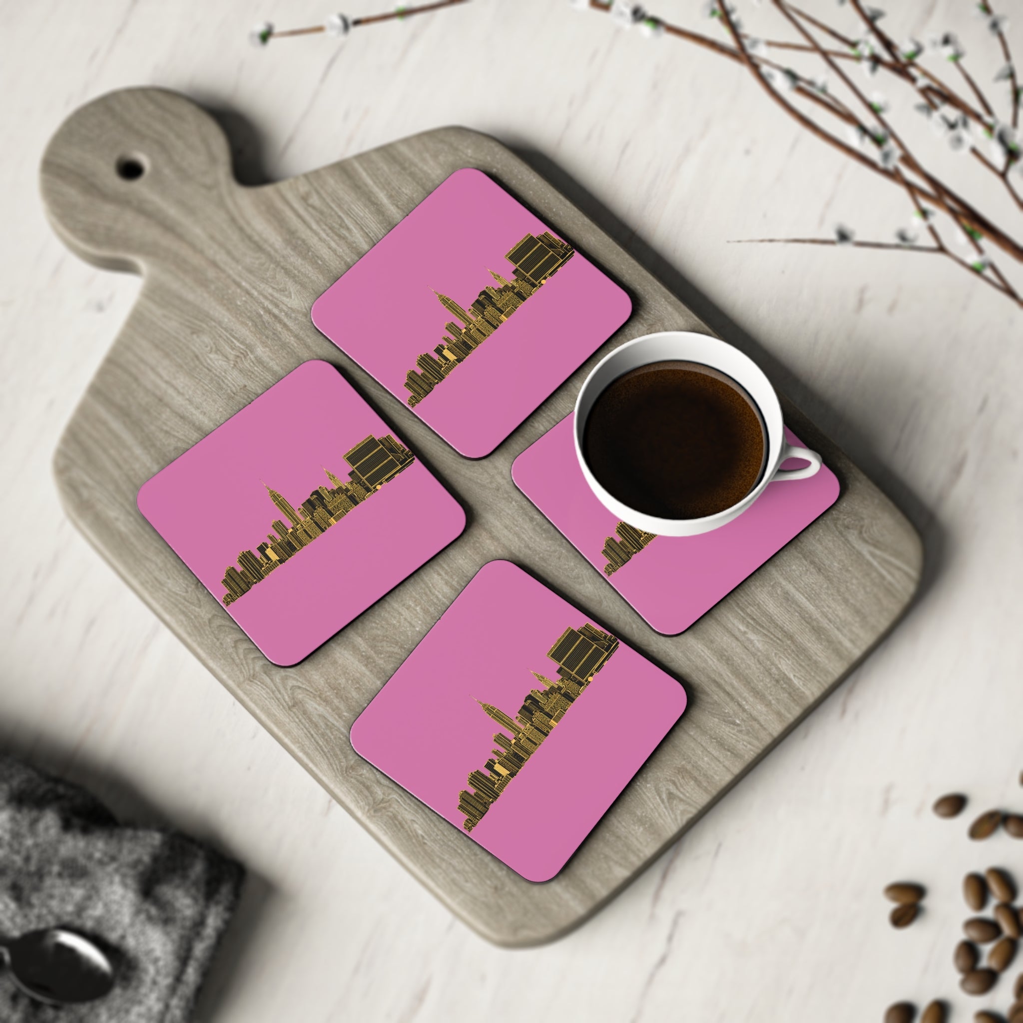 Posavasos del horizonte de Midtown Manhattan | Juego de 4 posavasos con parte trasera de corcho con el horizonte Art Déco de Nueva York