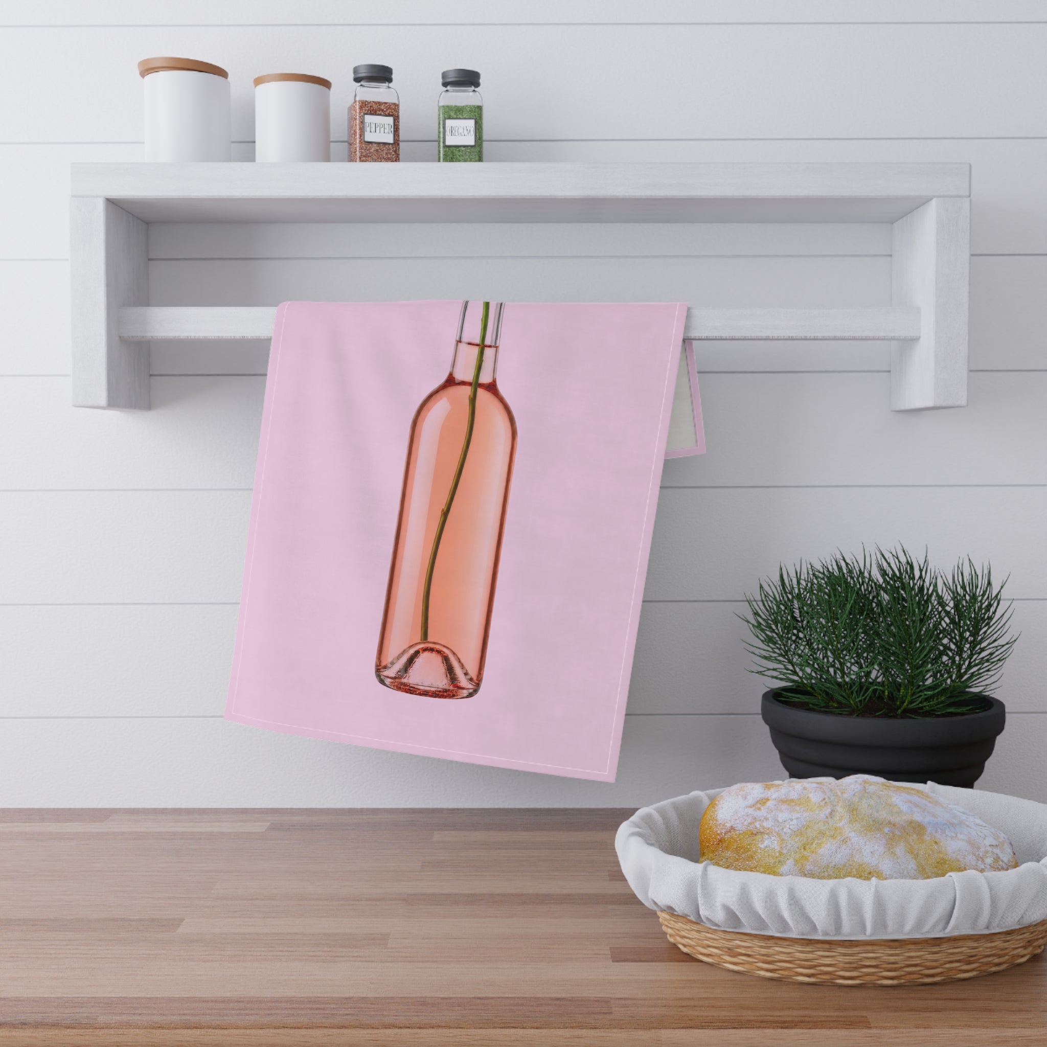 Customizable Rosé Wine Bottle Tea Towel — Pink Floral Kitchen Towel Hostess Gift