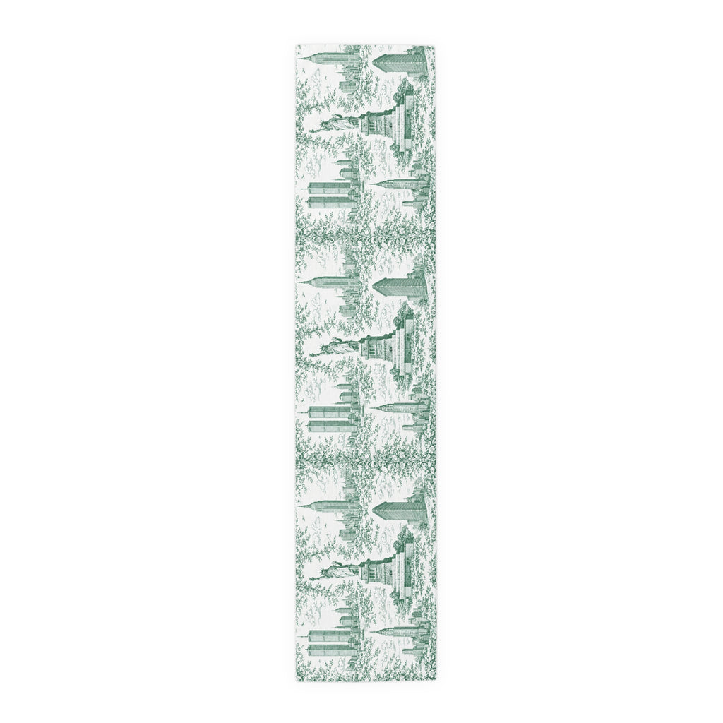 Green Toile de Jouy New York City Cityscape Table Runner — Scenic NYC Chinoiserie Skyline Dining Table Decor