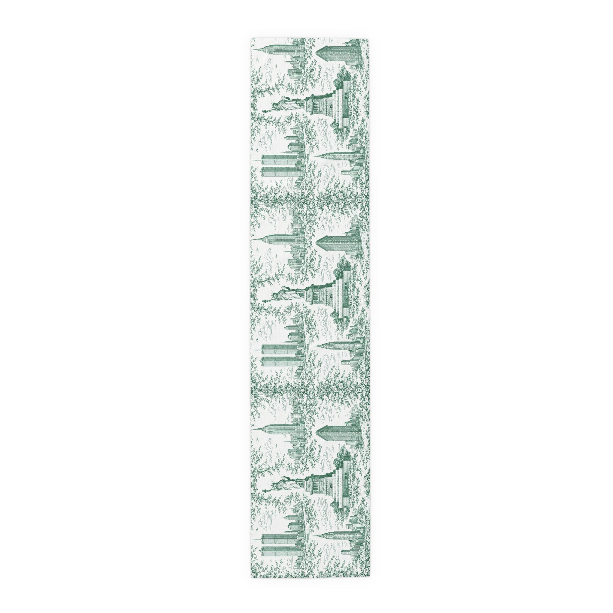 Green Toile de Jouy New York City Cityscape Table Runner — Scenic NYC Chinoiserie Skyline Dining Table Decor