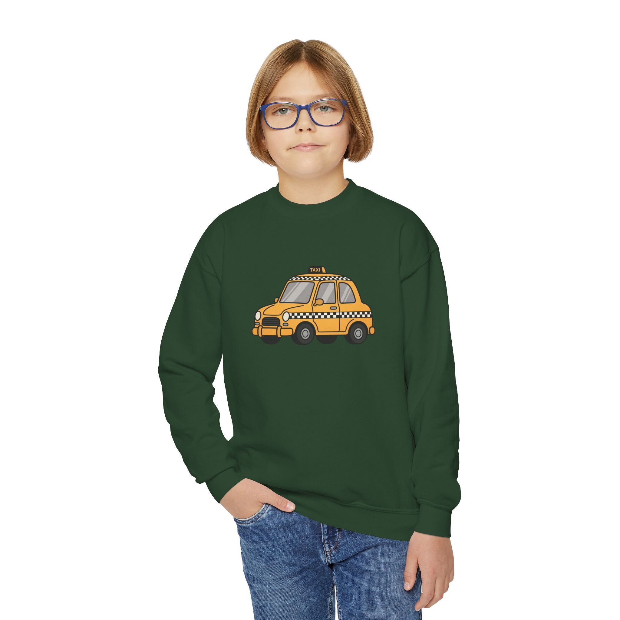Taxi Cab NYC Kids Crewneck Sweatshirt — Yellow Checkered Taxi Cab Cartoon Graphic Childrens Sweater