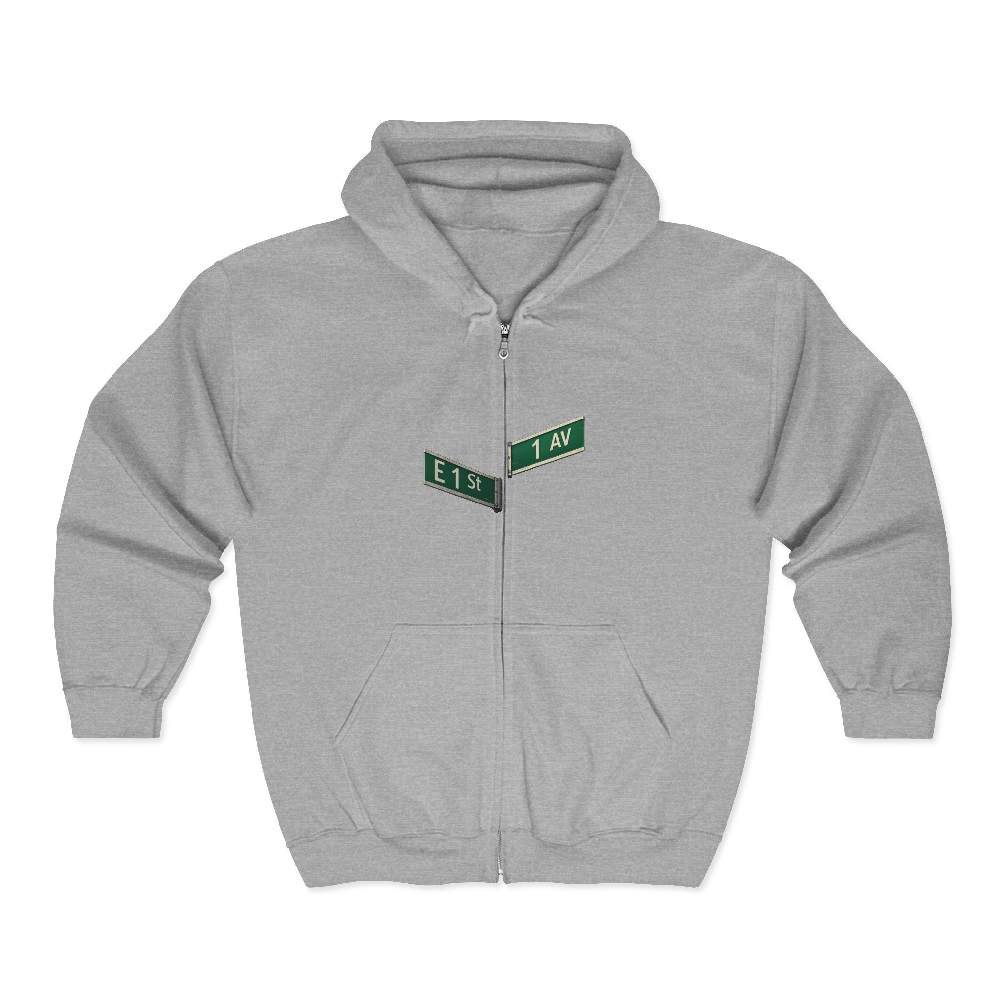 East Village 1st Avenue and East 1st Street Sign Zip Up Hoodie | New York City Nexus of the Universe Hooded Sweatshirt