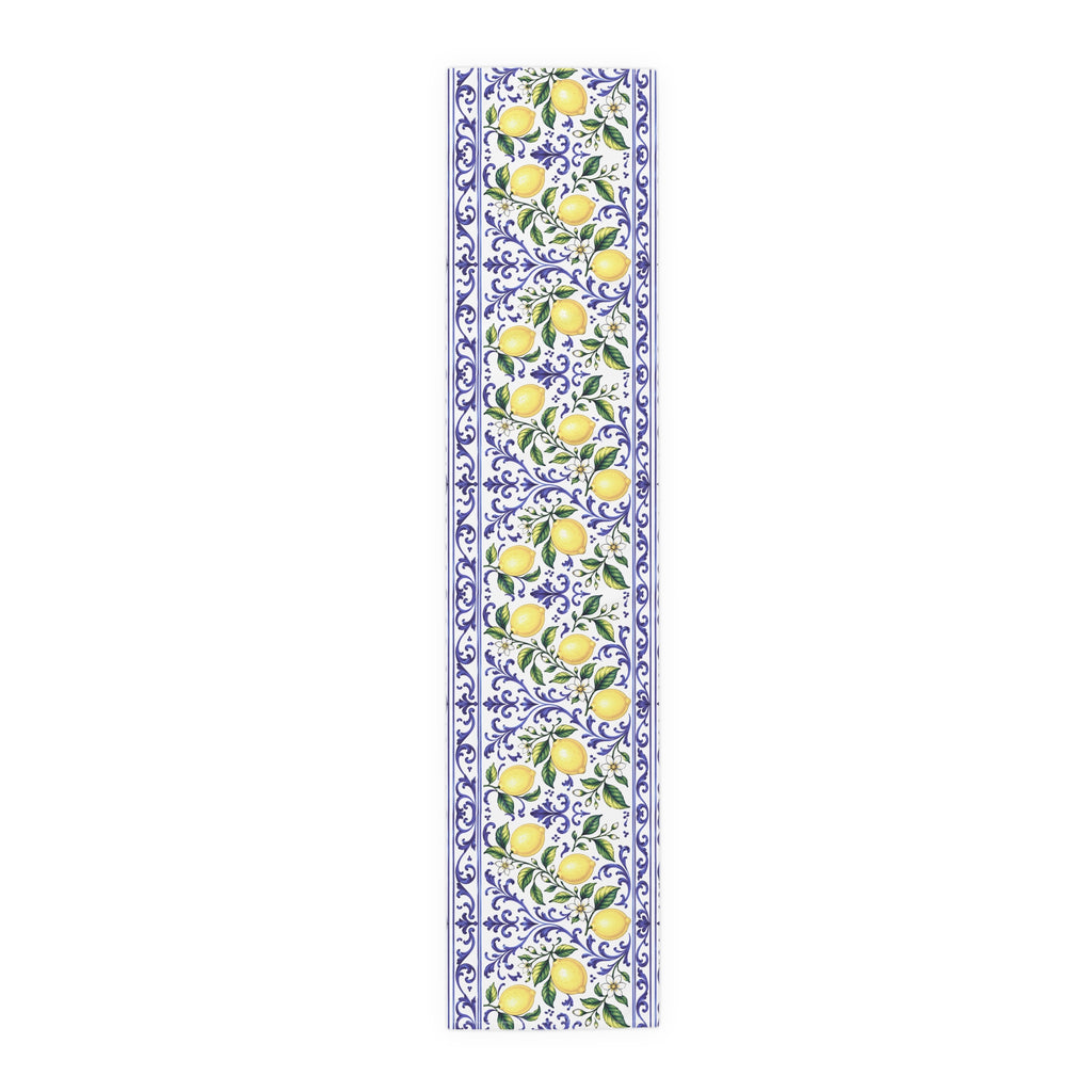 Little Italy Amalfi Blue and White with Lemon Table Runner – Mediterranean Blue & Yellow Dining Decor
