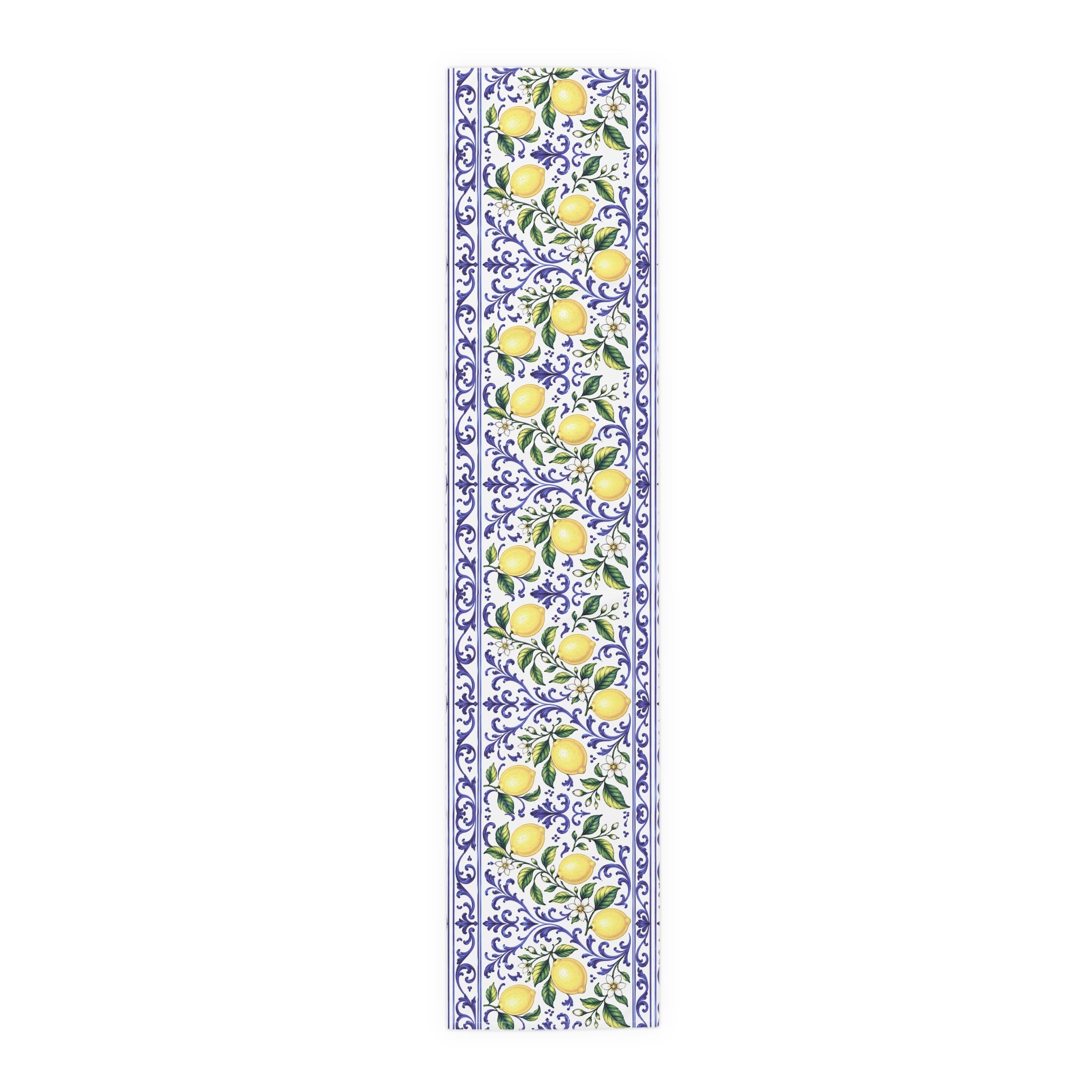 Little Italy Amalfi Blue and White with Lemon Table Runner – Mediterranean Blue & Yellow Dining Decor