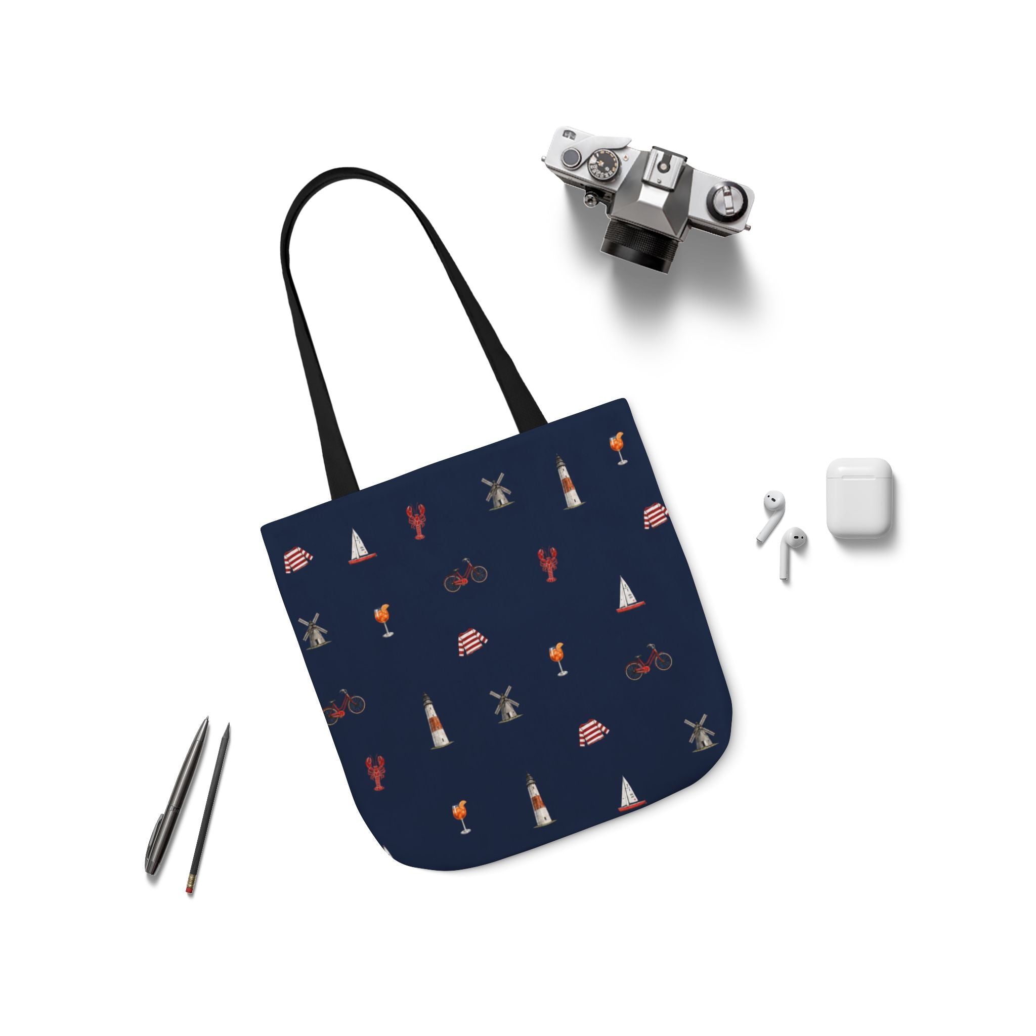 Icons of The Hamptons Blue Canvas Tote — Lighthouse, Windmill, Lobster, Sailboat print