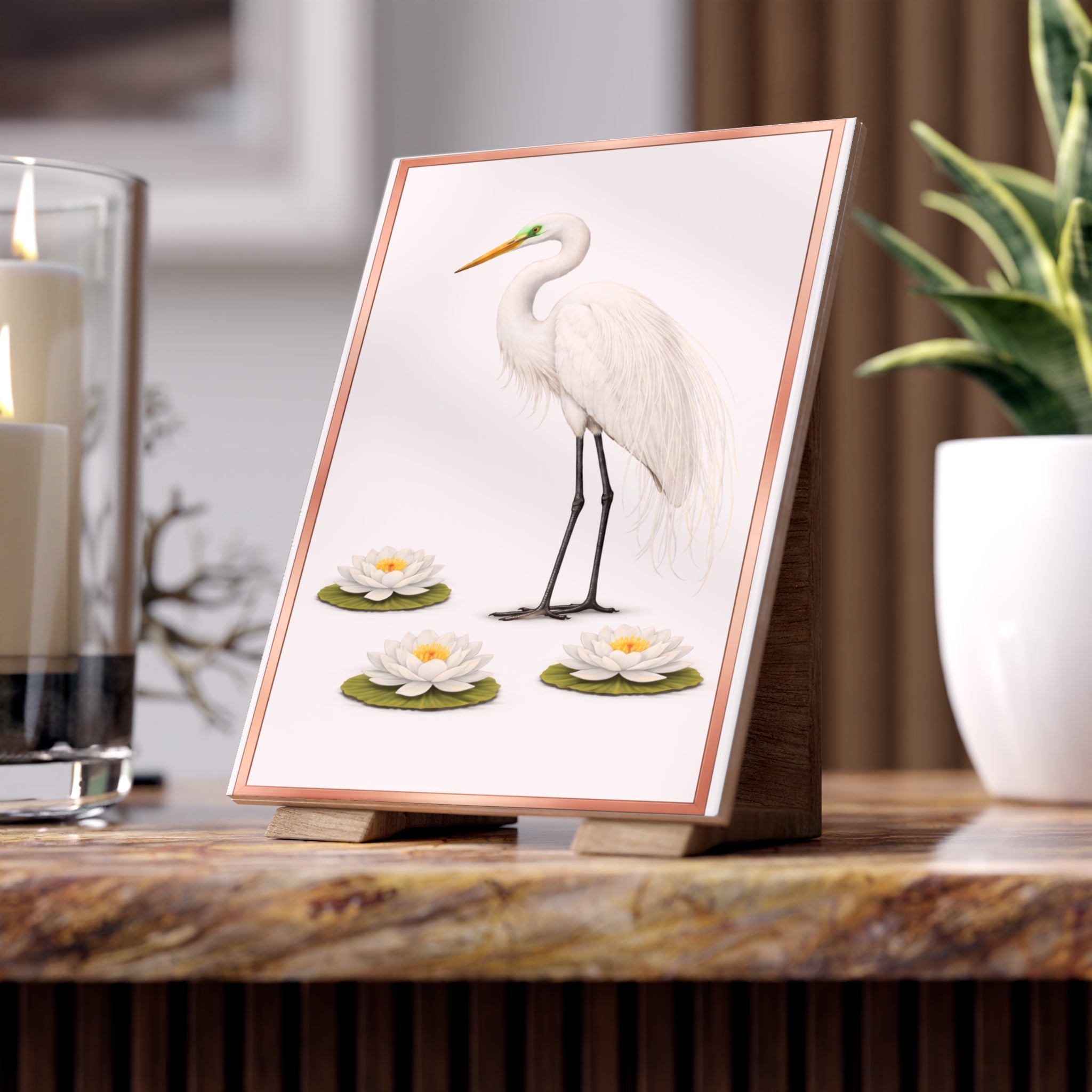 Jamaica Bay Great Egret Ceramic Shower Tile - Coastal Ceramic Bath Tile 6" x 8"