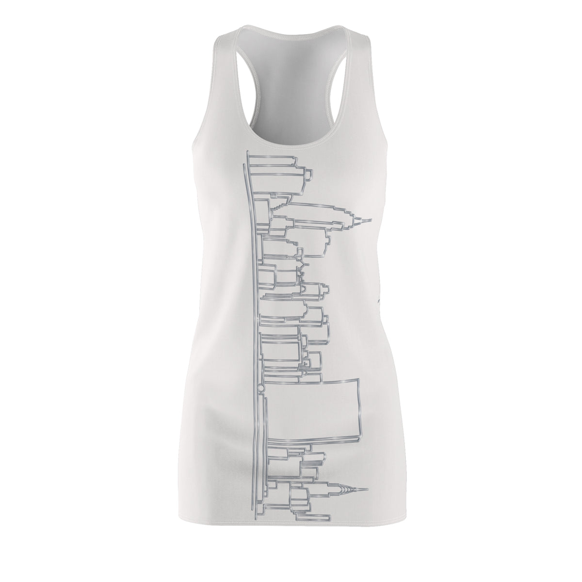 Manhattan Silver Skyline on White Racerback Dress — View from Queens and New Jersey Dress