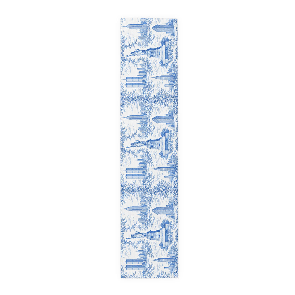 Blue Toile de Jouy New York City Cityscape Table Runner — Scenic NYC Chinoiserie Skyline Dining table Decor