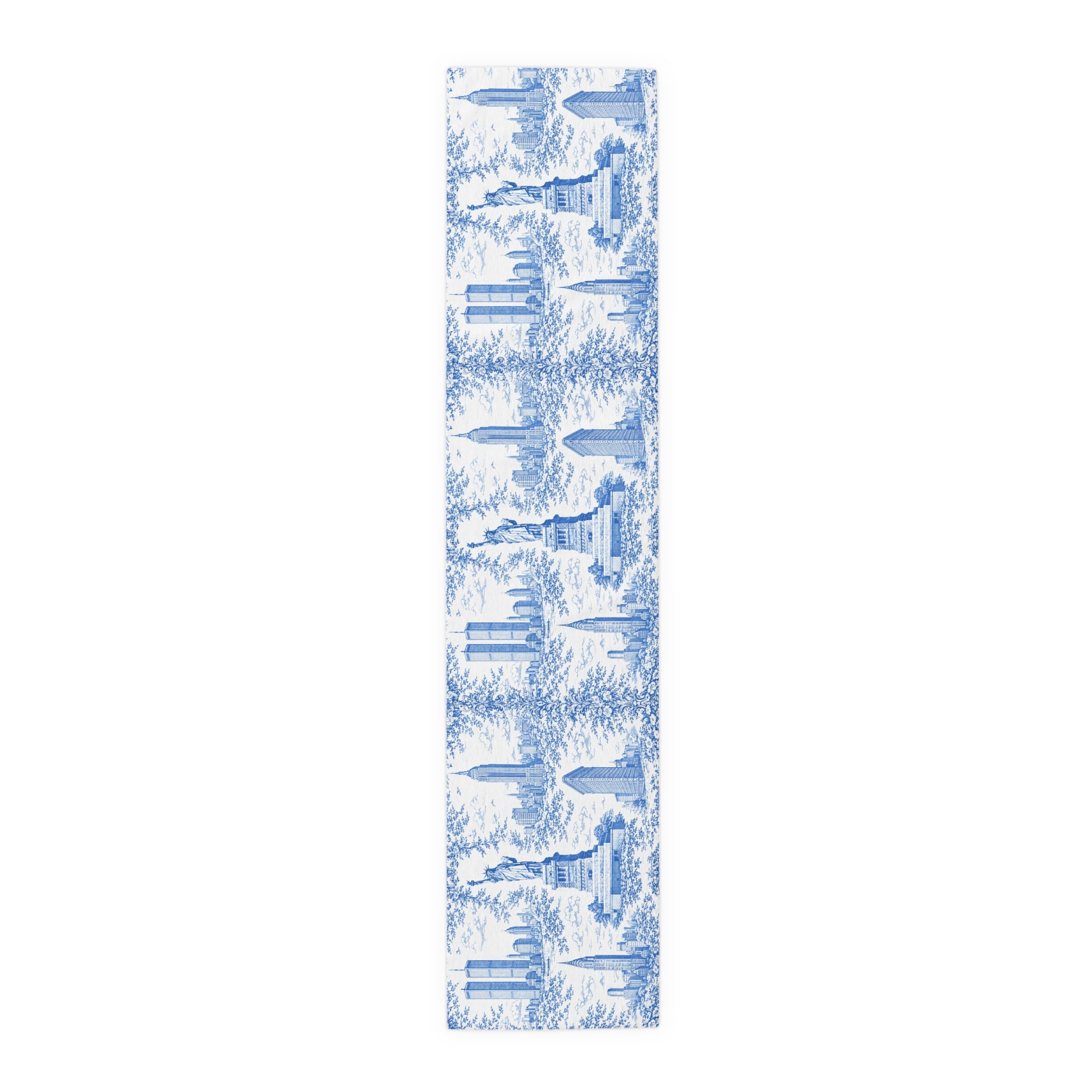 Blue Toile de Jouy New York City Cityscape Table Runner — Scenic NYC Chinoiserie Skyline Dining table Decor