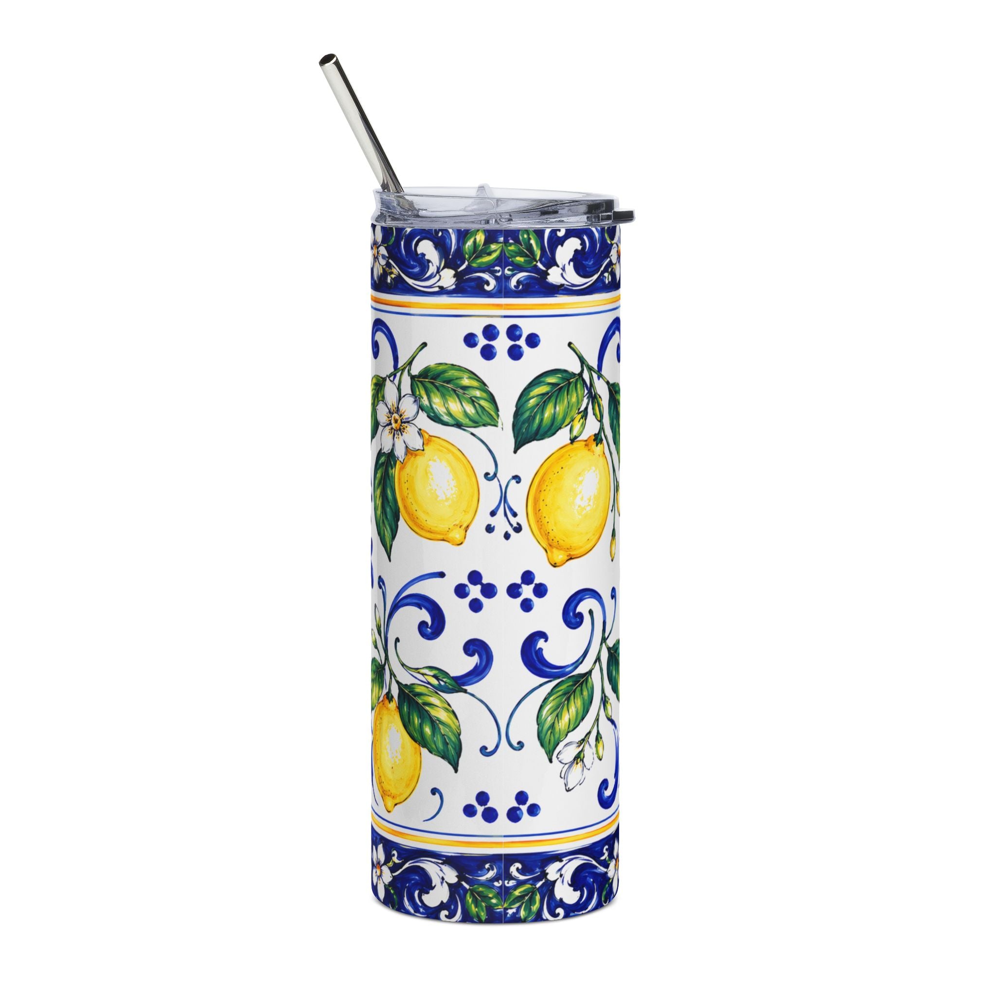 Little Italy Amalfi Blue and White with Lemon Stainless Steel Tumbler — 20oz Insulated Citrus Pattern Travel Cup