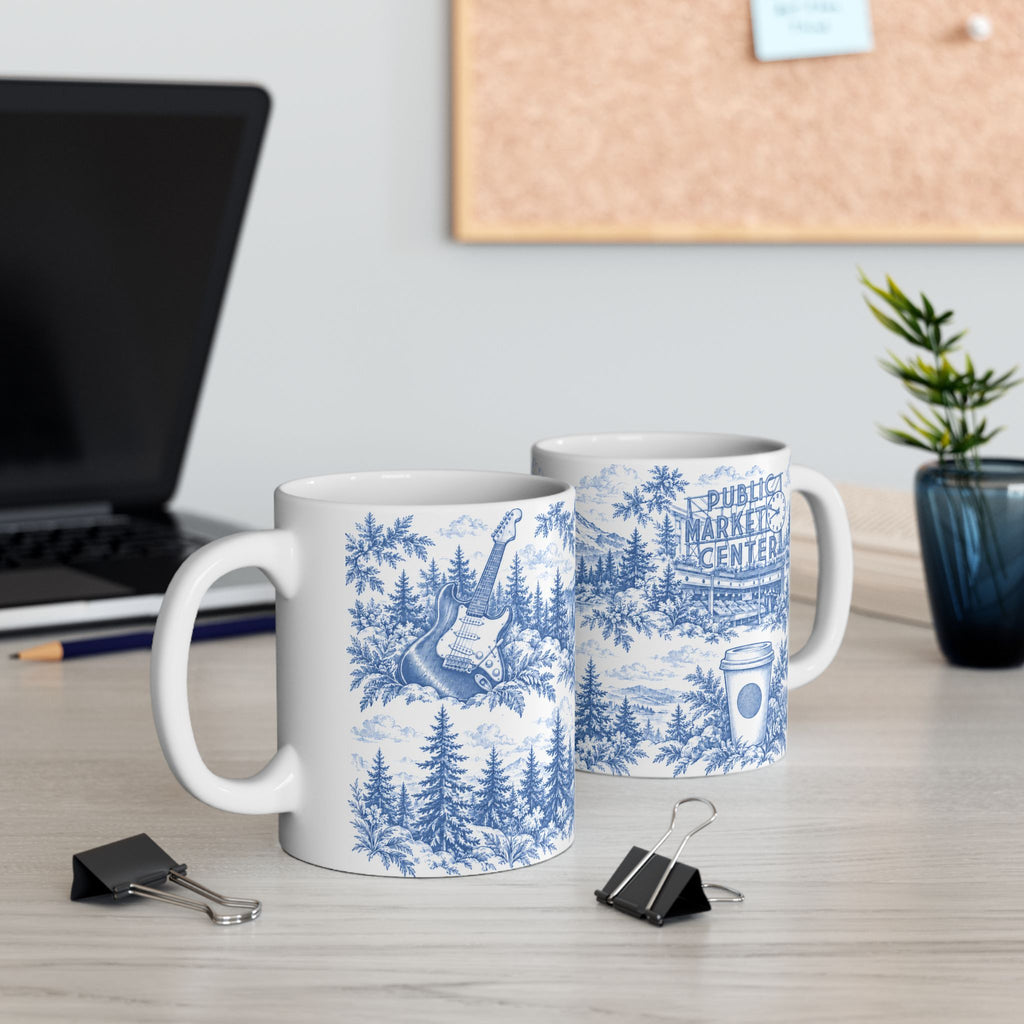 Seattle Blue Toile de Jouy Ceramic Mug — Seattle, Washington and Surroundings Scenic Coffee Cup (11oz)