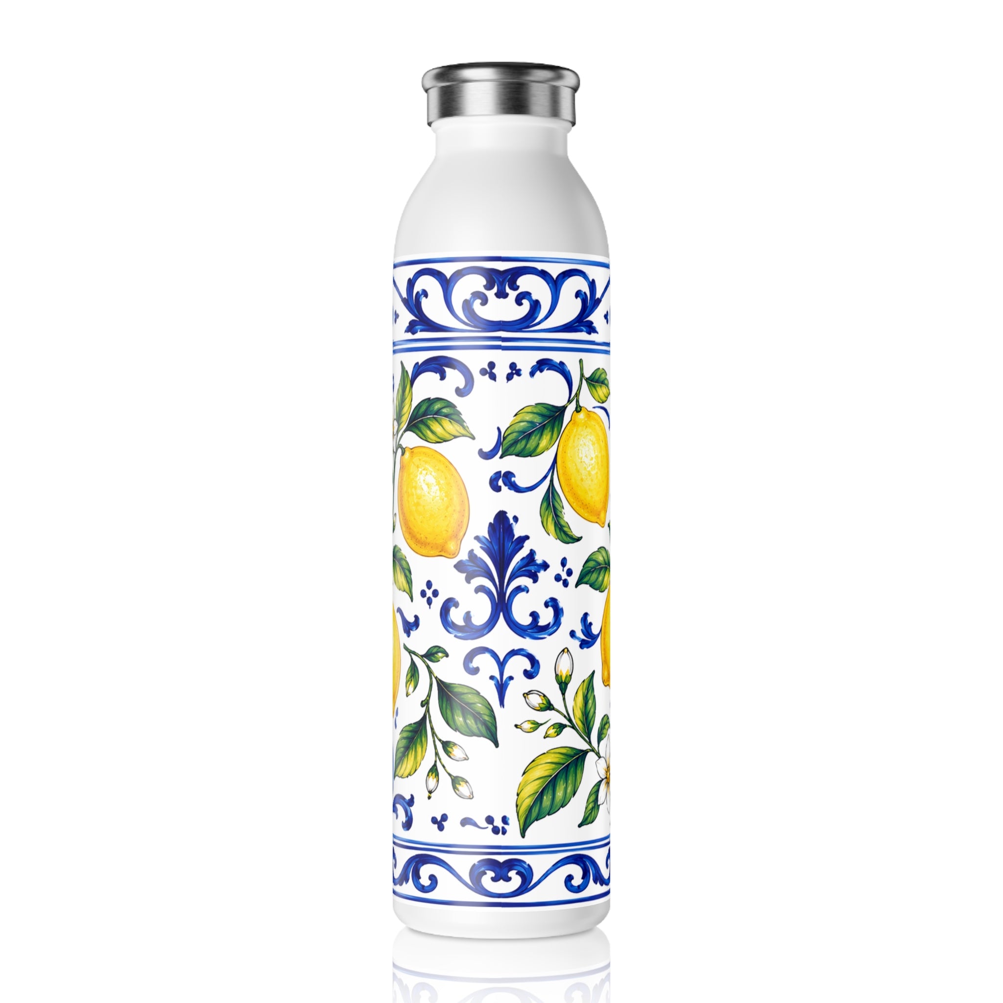 Little Italy Amalfi Blue and White with Lemon Slim Water Bottle — Mediterranean Lemon Ceramic-Style Stainless Bottle