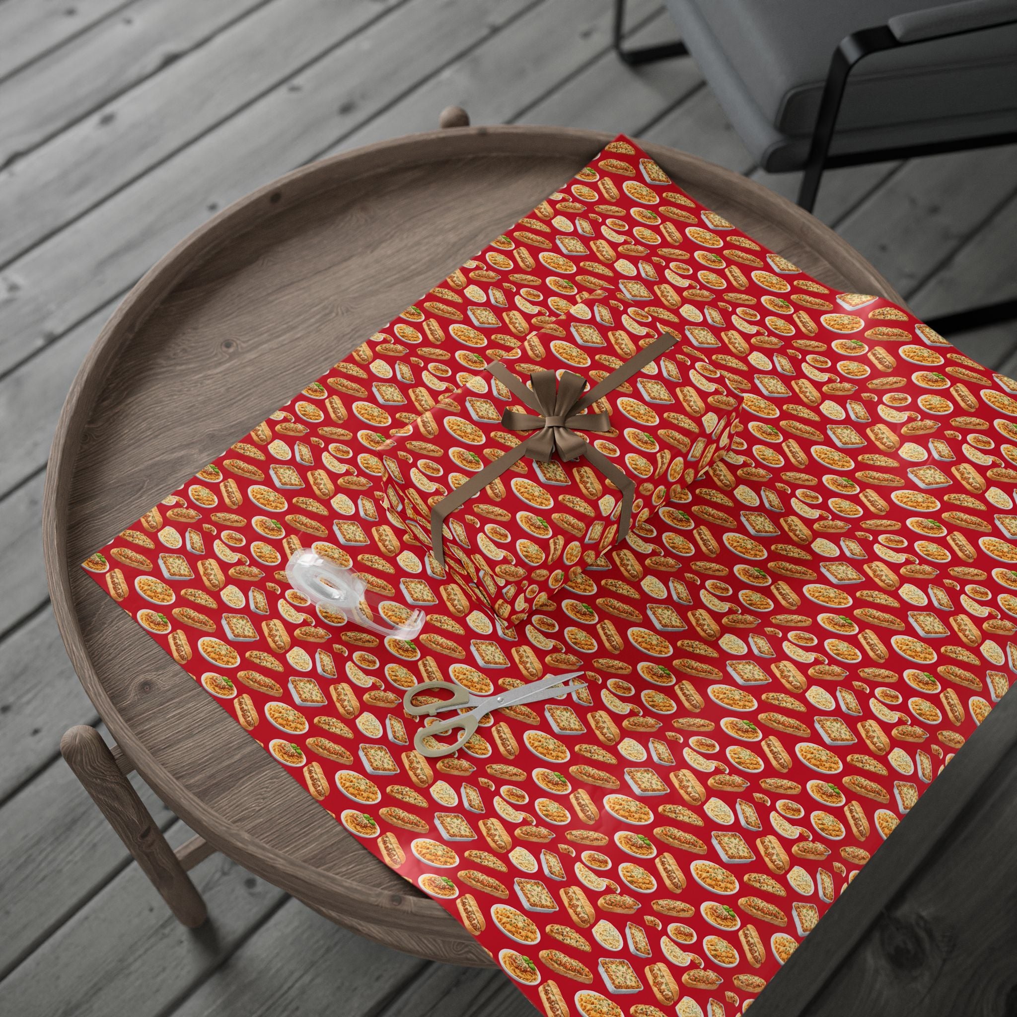 Italian Food Pattern Red Gift Wrap Paper | Pasta Spaghetti Rigatoni Meatball Sub Wrapping Paper Roll, Foodie Party Wrap