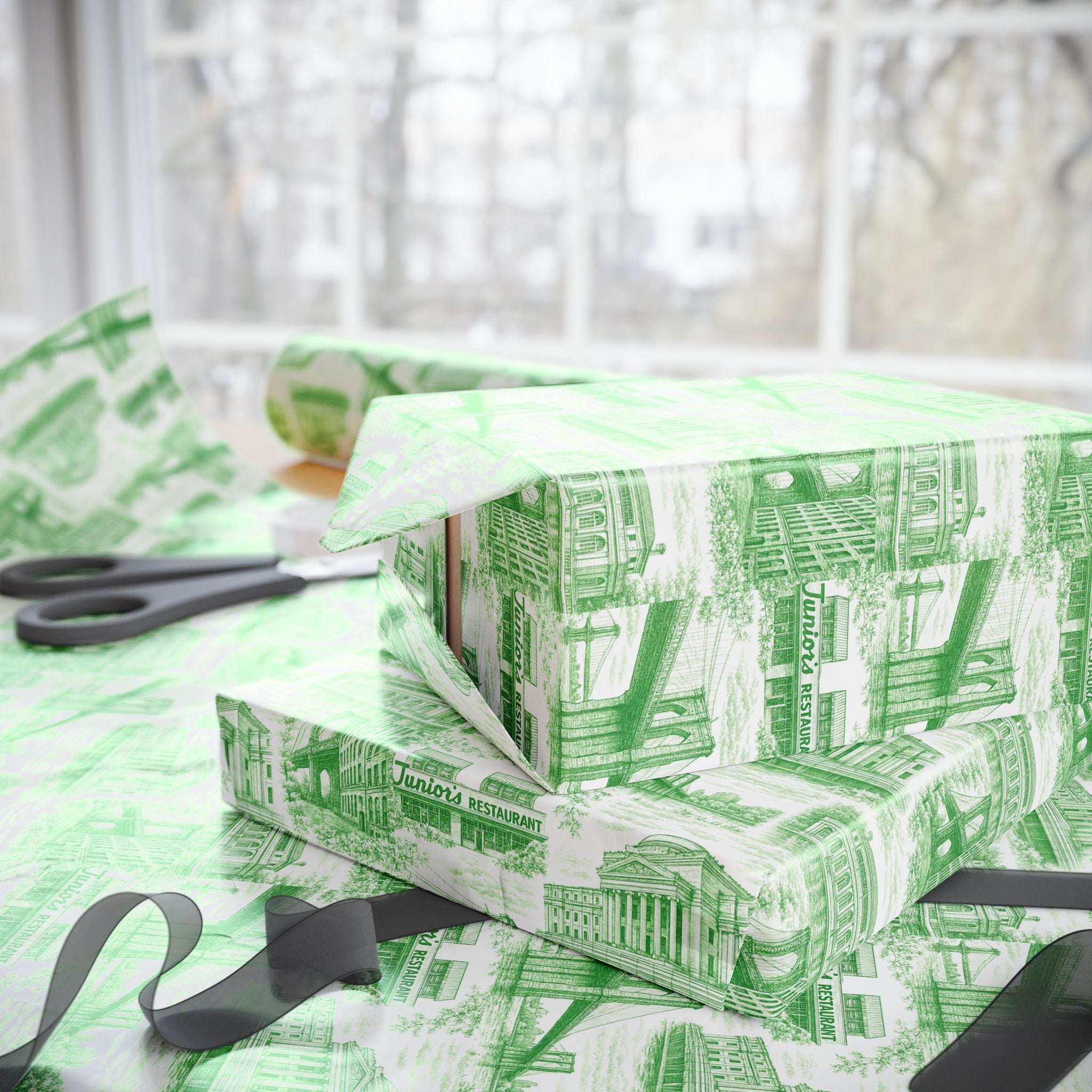 Brooklyn NYC Green Toile Gift Wrapping Papers   Chinoiserie New York City Gift Wrap Brooklyn Bridge Prospect Park Junior's DUMBO Museum