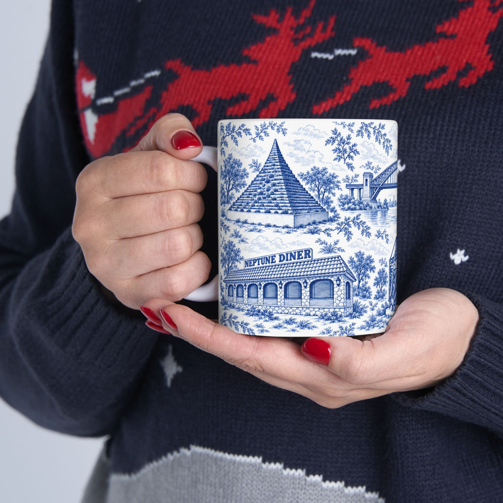Astoria Blue Toile Cityscape Ceramic Mug — 11oz Decorative Coffee Cup
