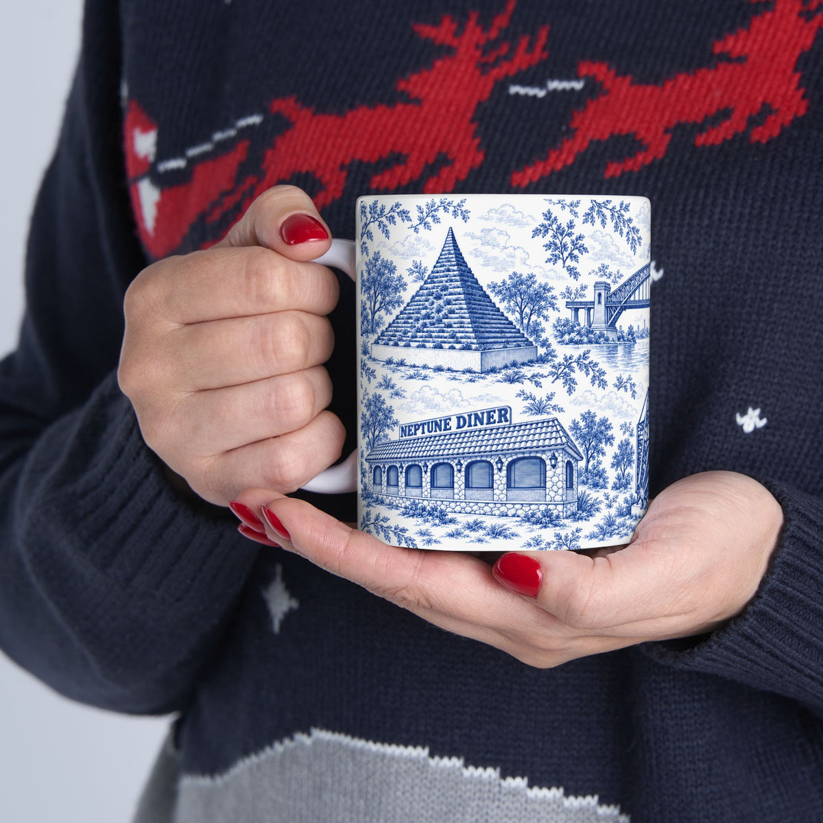 Astoria Blue Toile Cityscape Ceramic Mug — 11oz Decorative Coffee Cup