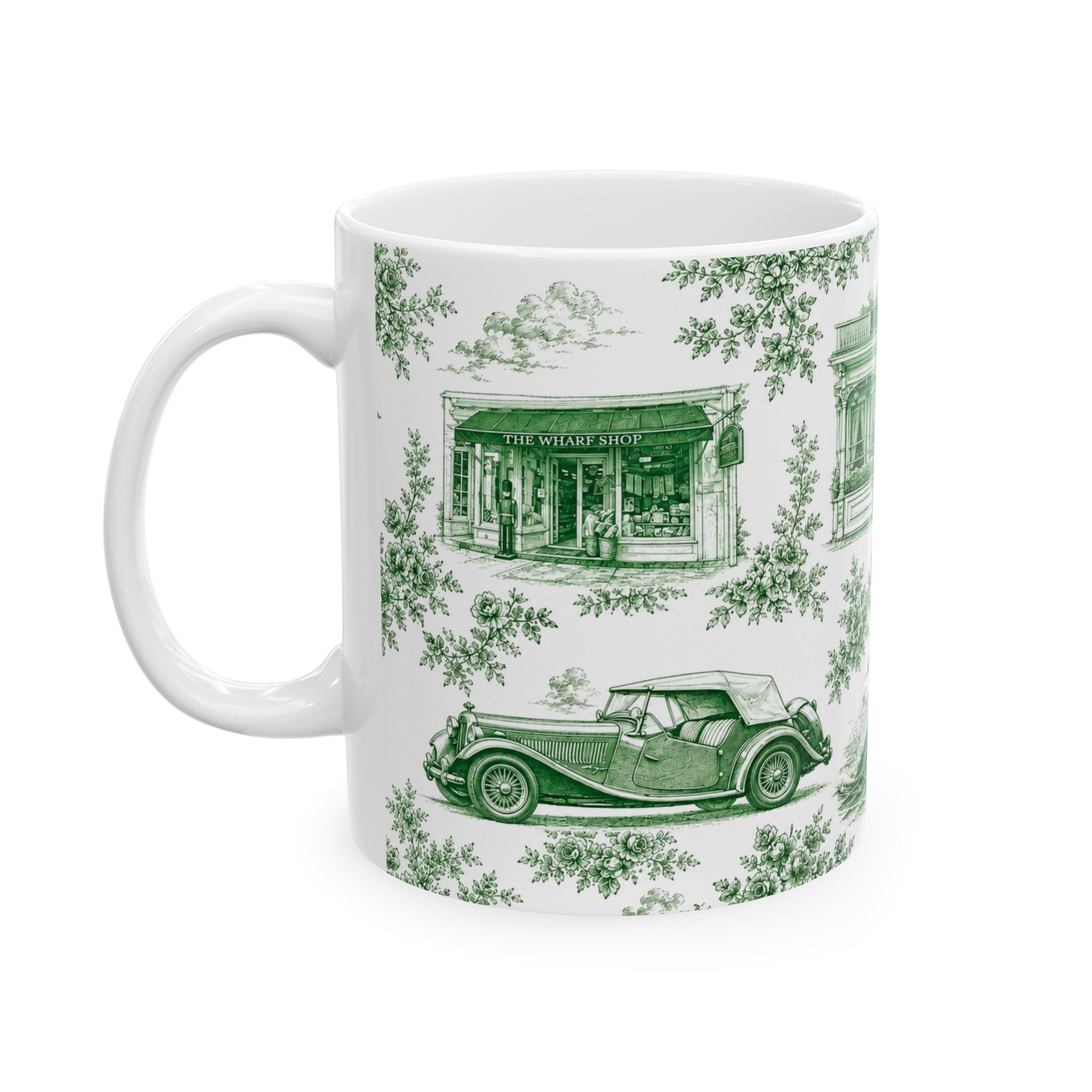 Sag Harbor Green Toile de Jouy Mug | Hamptons Chinoiserie Ceramic Coffee Cup