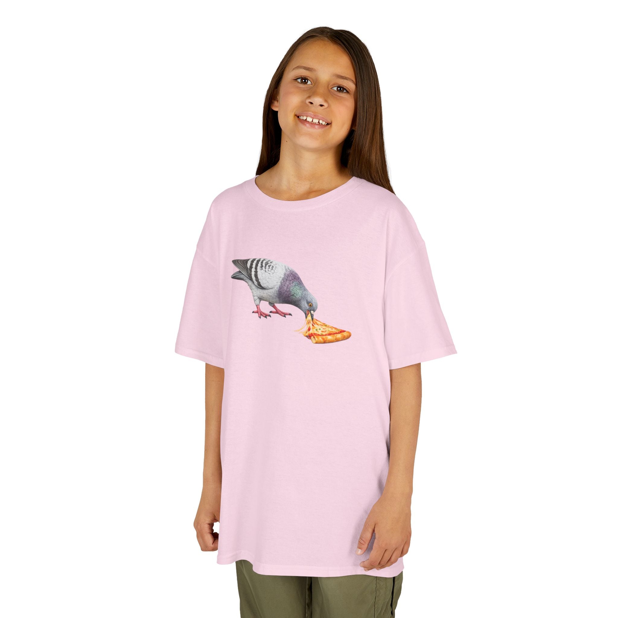 Customizable Little Italy NYC Pigeon Kid Pizza Tee —  Cute Bird Pizza Lover T-Shirt for Children