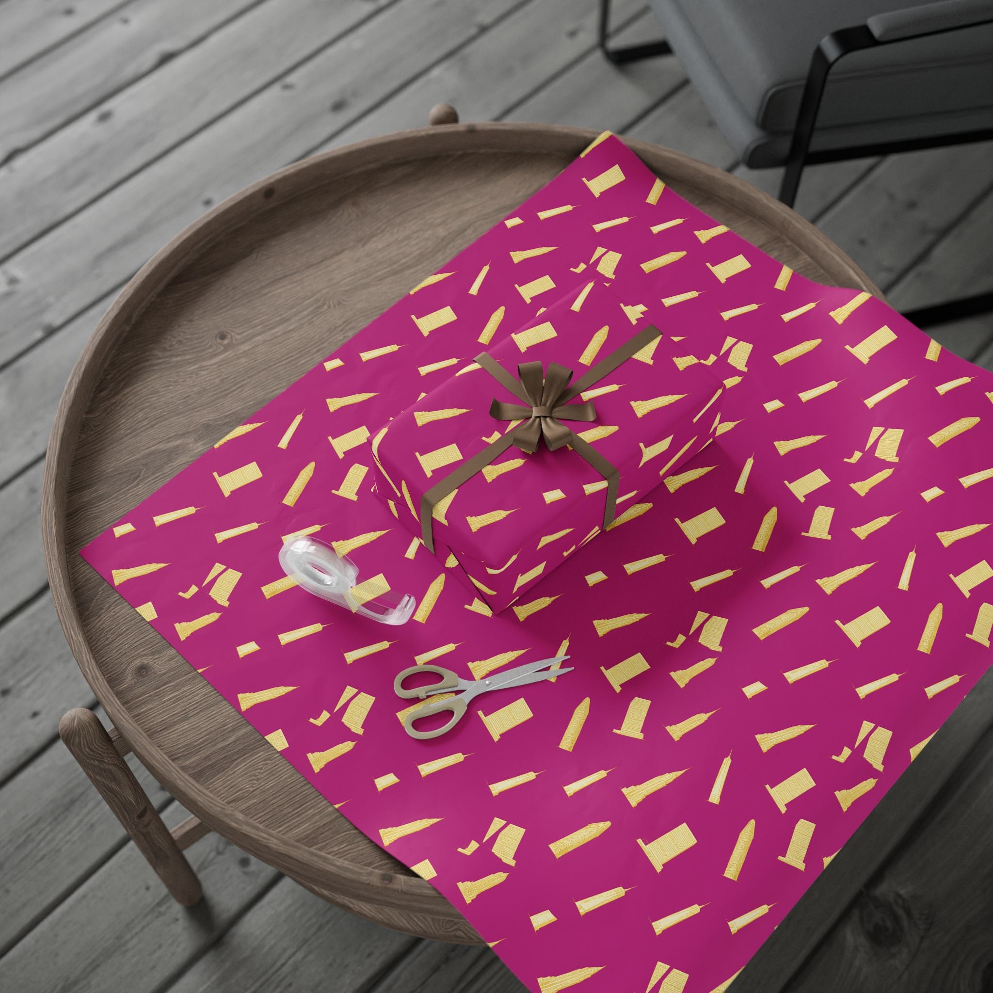 NYC Architecture Gold on Pink Pattern Gift Wrap Paper | Iconic New York Buildings Empire State Chrysler Flatiron Wrapping Paper