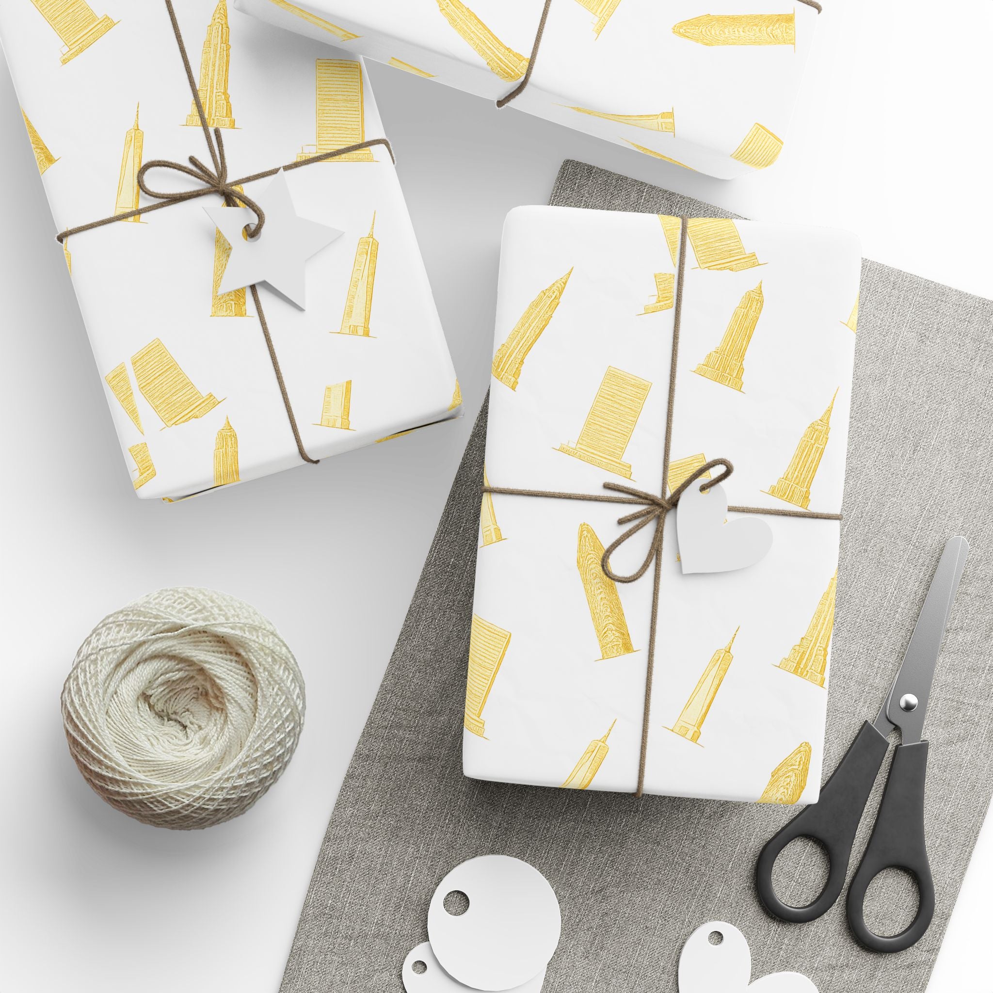 NYC Architecture Gold Pattern Gift Wrap Paper | Iconic New York Buildings Empire State Chrysler Flatiron Wrapping Paper