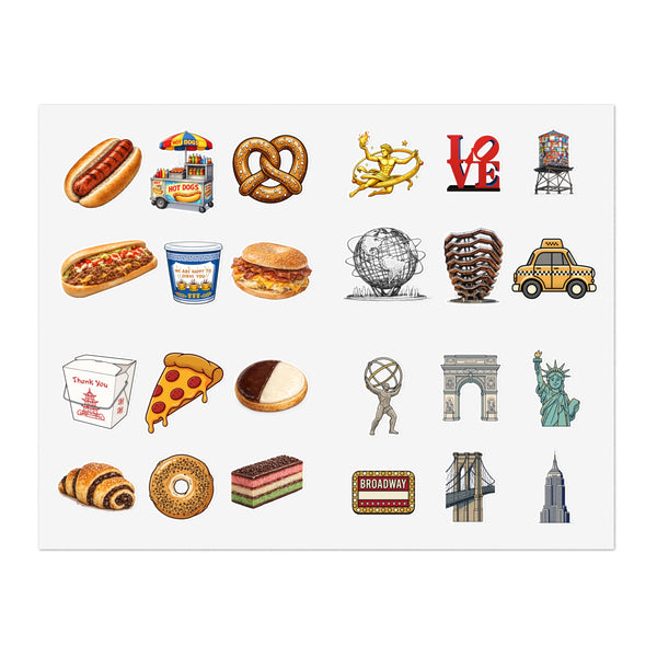 New York City  Icons Sticker Sheet — NYC Pizza, Taxi, Bagel, Skyscrapers, Statue of Liberty & City Landmark Stickers