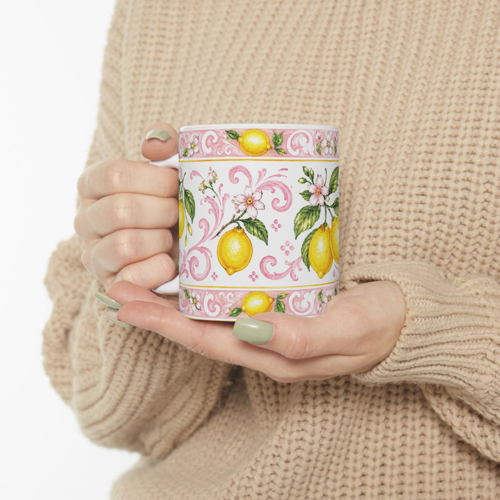 Little Italy Amalfi Pink with Lemon Mug — Italian Mediterranean Pattern Coffee Cup (11oz)