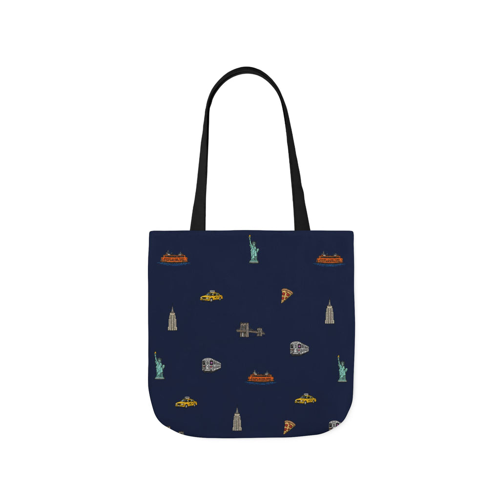 Icons of New York City Blue Canvas Tote — Statue of Liberty, Pizza & Taxi Pattern