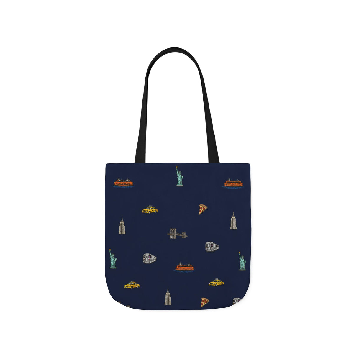 Icons of New York City Blue Canvas Tote — Statue of Liberty, Pizza & Taxi Pattern
