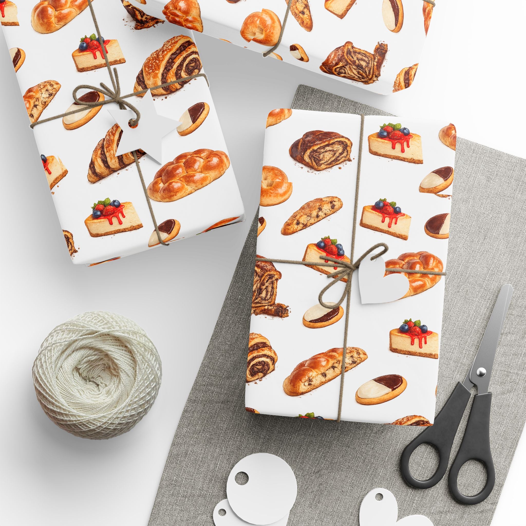 Kosher Bakery Pastries Pattern White Gift Wrap Paper | Bagels Challah Cheesecake Roll Gift Wrapping Paper
