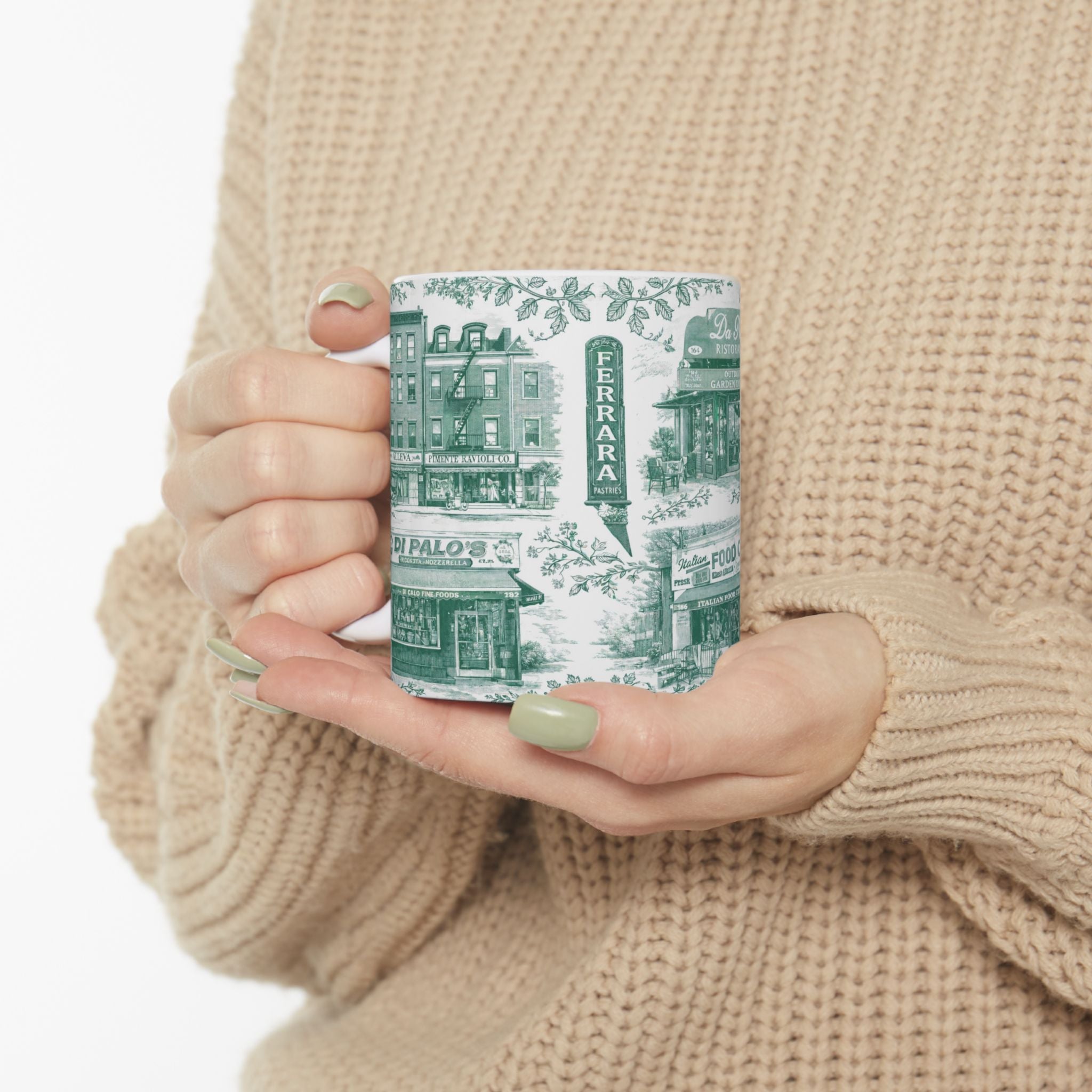 Little Italy Green and White Toile Cityscape Mug | NYC Chinoiserie Ceramic Coffee Cup