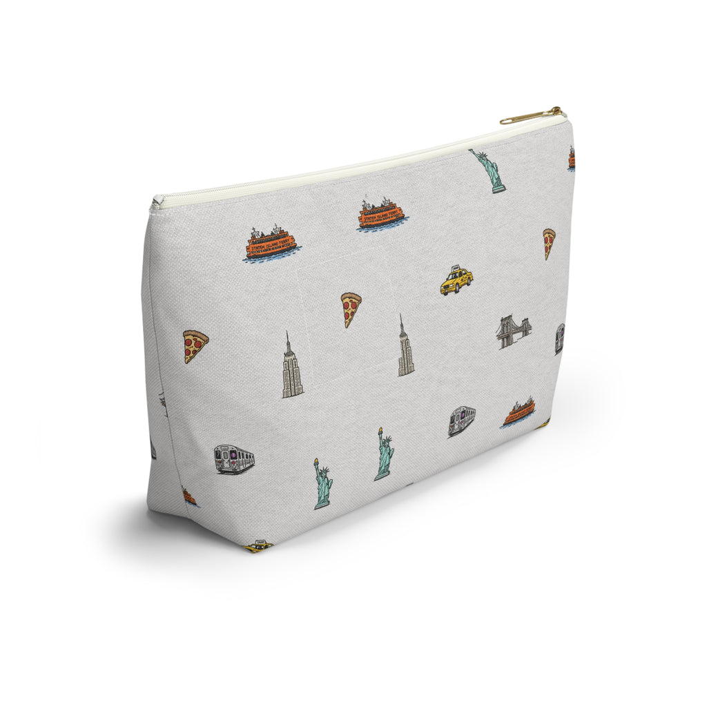 Icons of New York City Large Heather Gray Accessory Pouch — T-Bottom Makeup Bag with Statue of Liberty, Taxi & Pizza Pattern