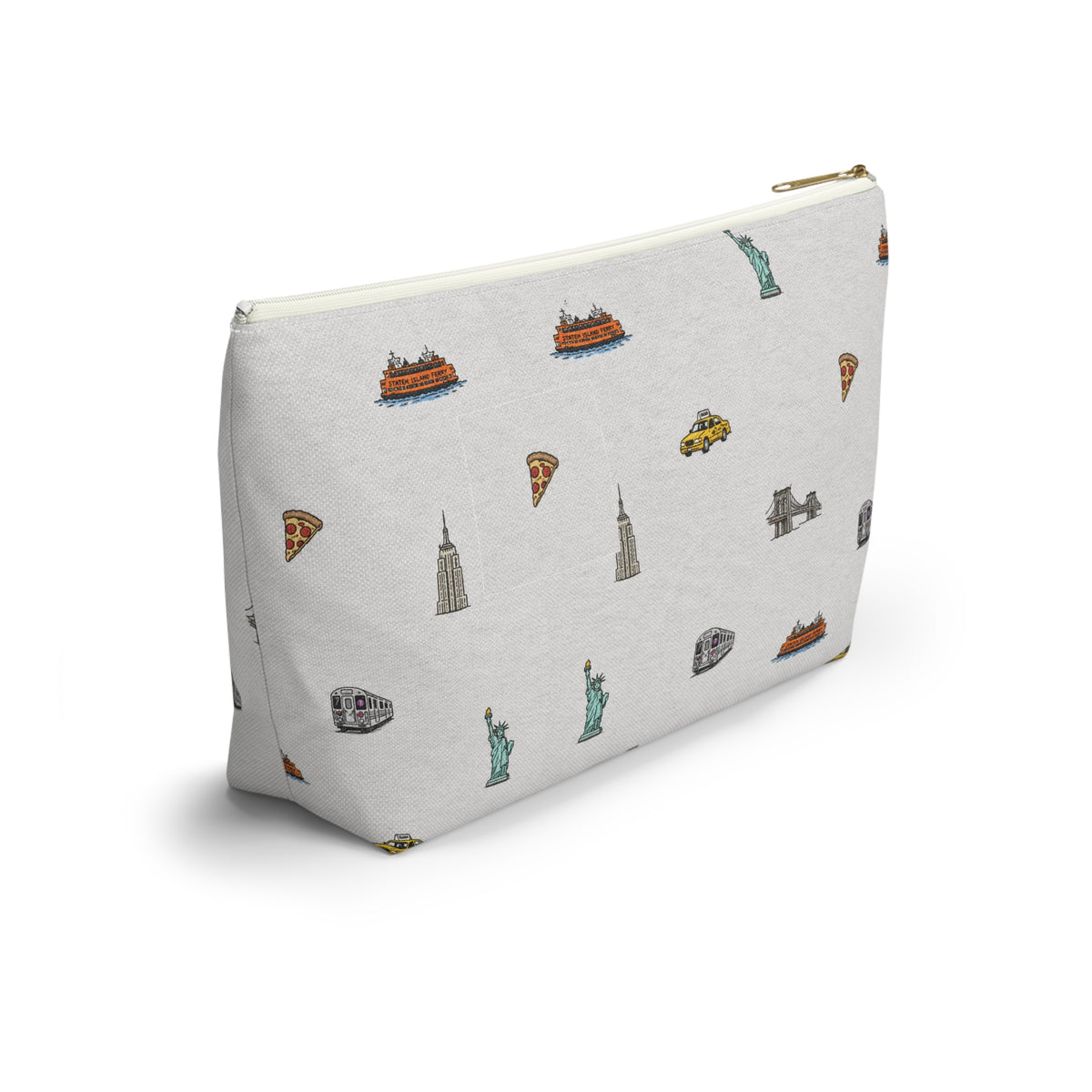 Icons of New York City Large Heather Gray Accessory Pouch — T-Bottom Makeup Bag with Statue of Liberty, Taxi & Pizza Pattern
