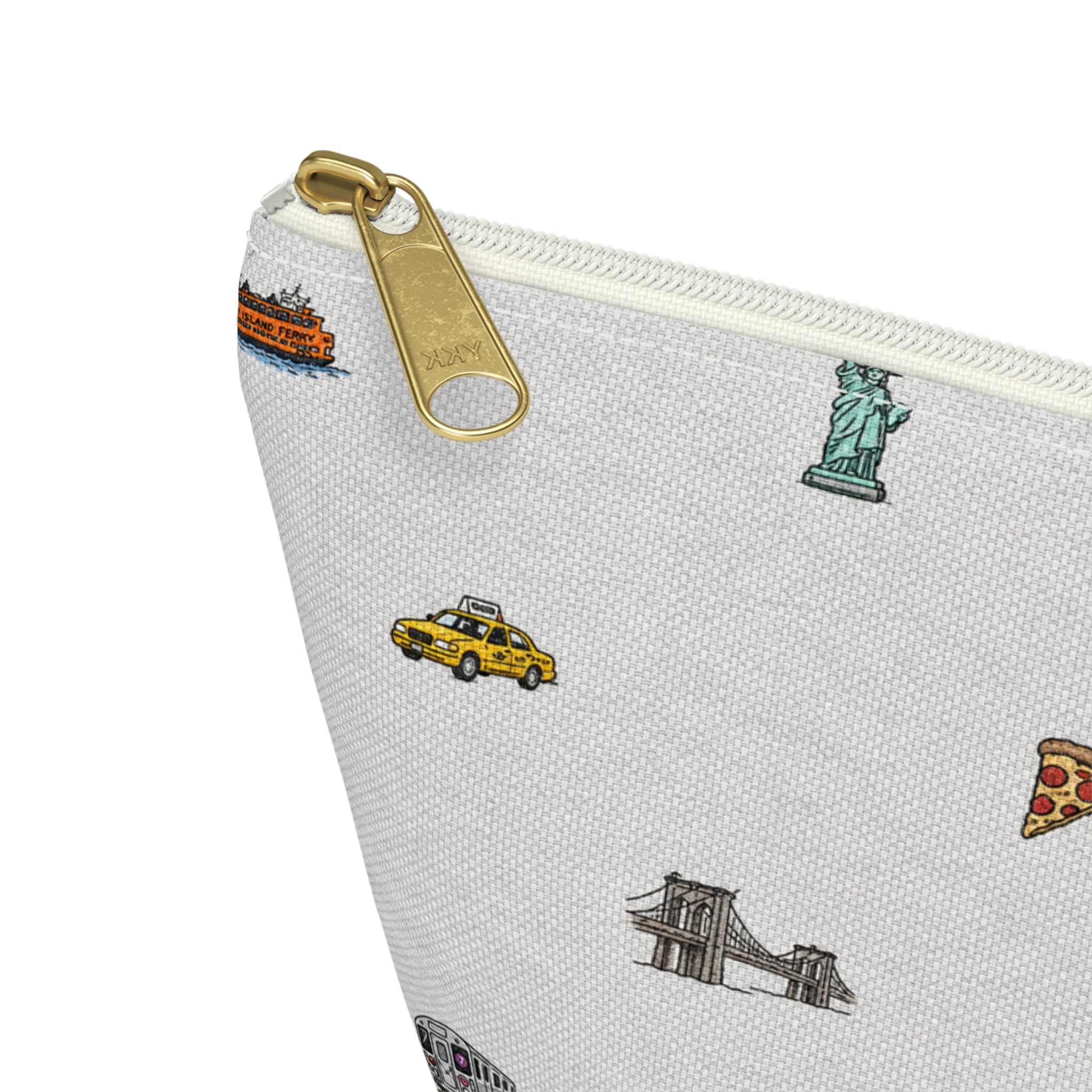 Icons of New York City Heather Gray Accessory Pouch — T-Bottom Makeup Bag with Statue of Liberty, Taxi & Pizza Pattern