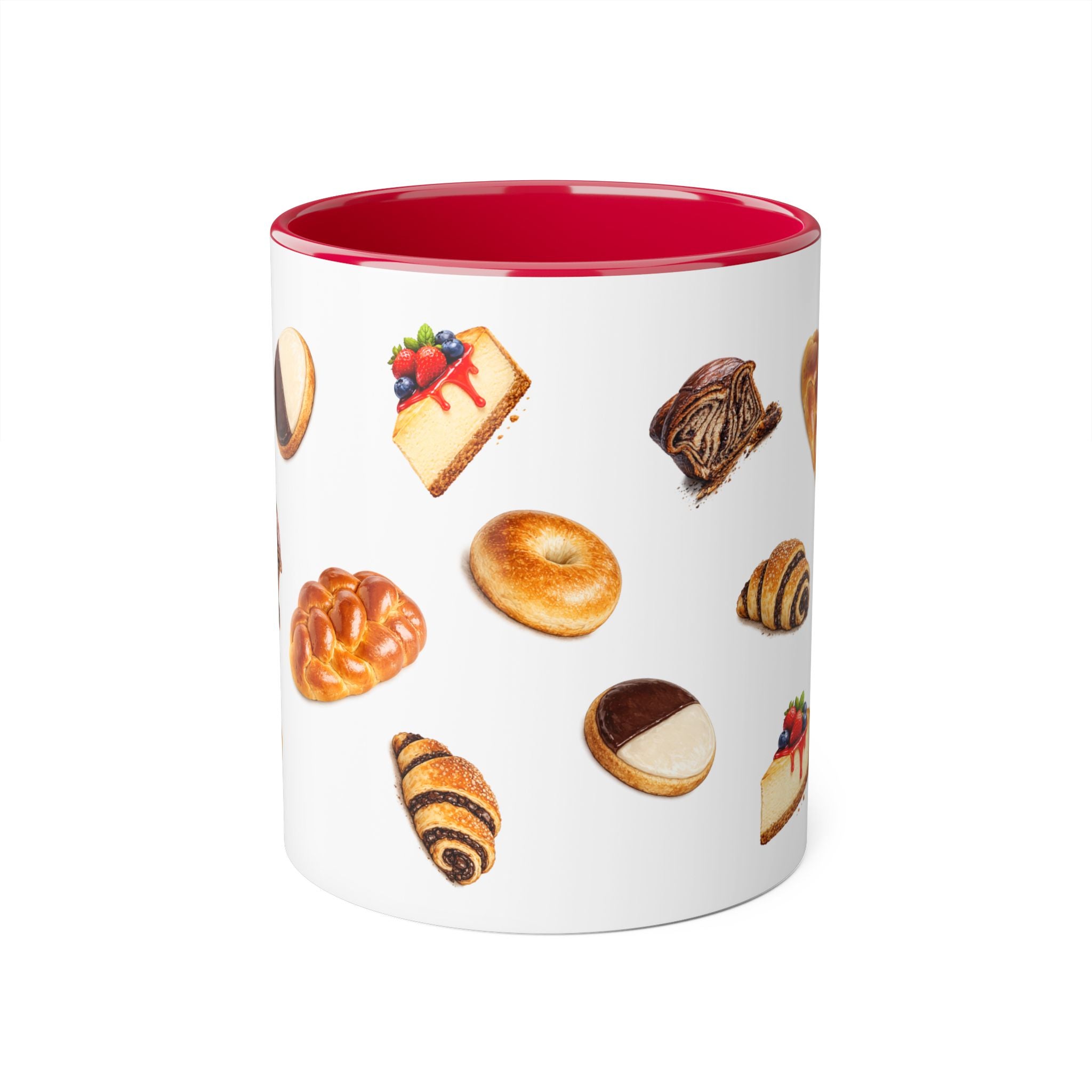 NYC Kosher Bakery Pattern Mug | Babka Cheesecake Rugelach Black + White Cookie Challah Bagel 11oz Ceramic Coffee Cup