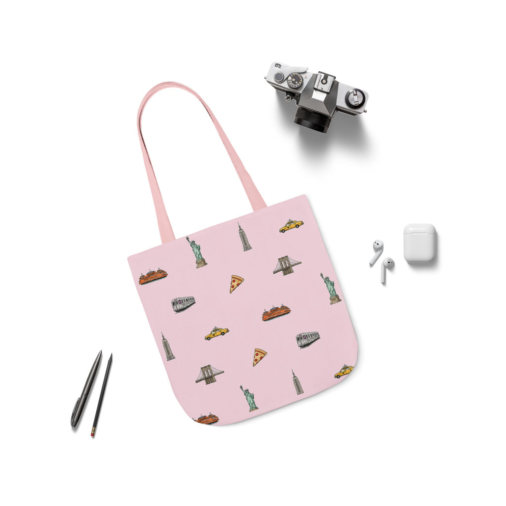 Icons of New York City Pink Canvas Tote — Statue of Liberty, Pizza & Taxi Pattern