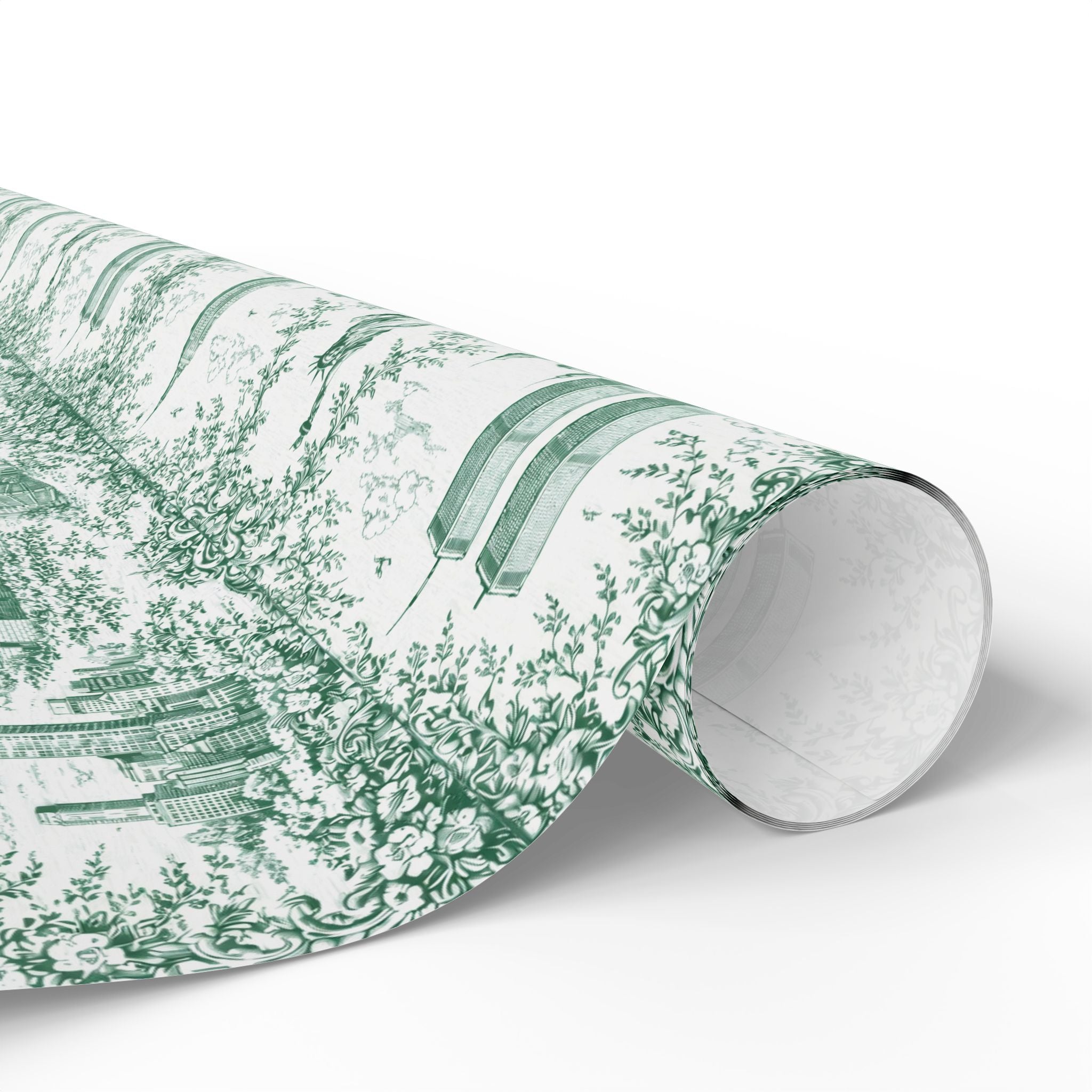 Manhattan NYC Green Toile Gift Wrapping Papers   Chinoiserie New York City Gift Wrap Empire State Building Twin Towers Statue of Liberty