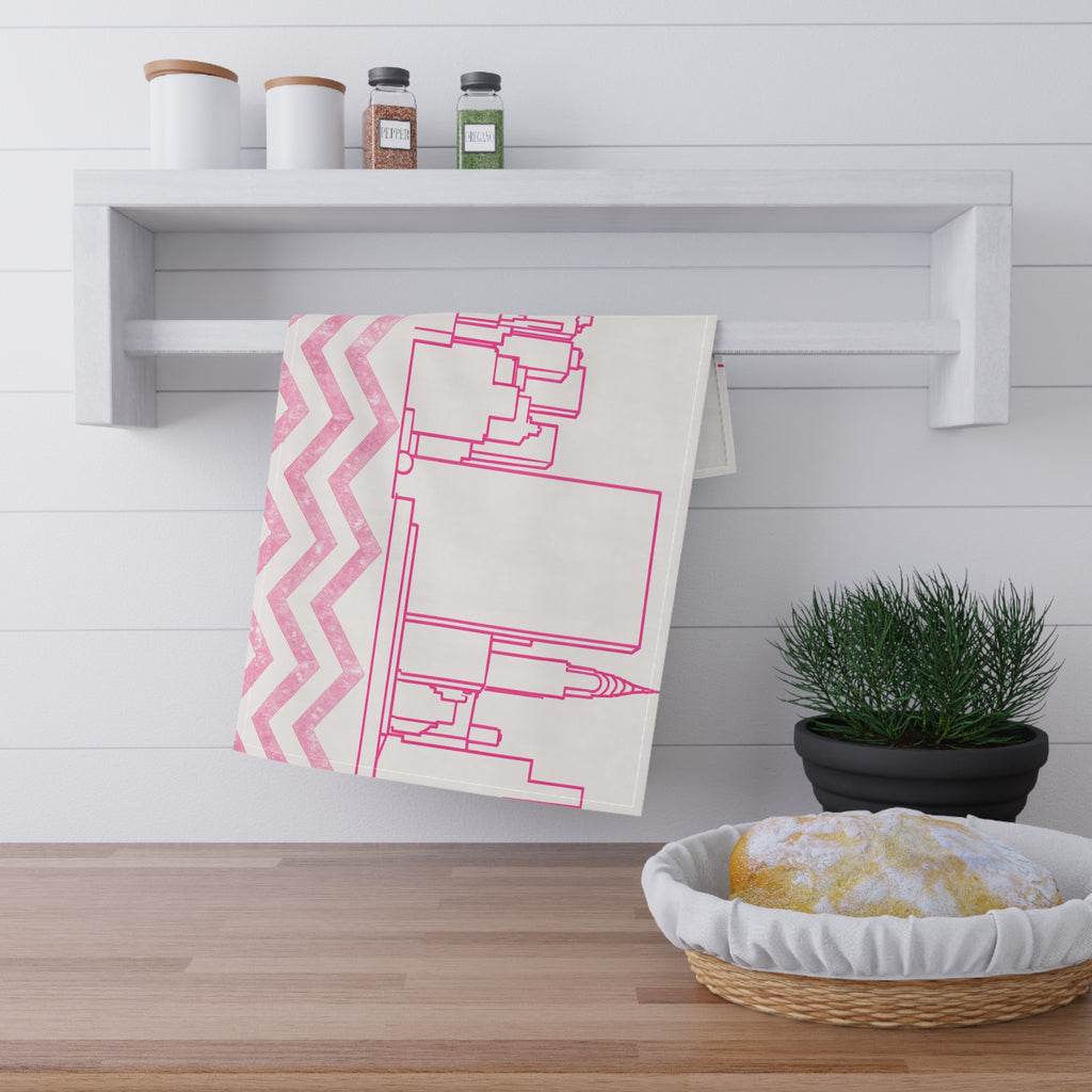 NYC Manhattan Skyline Pink Chevron Tea Towel — Minimal Pink & White New York City Skyline Kitchen Linen